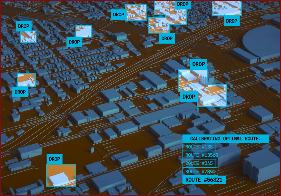 3D map of city blocks with highlighted drop points and routes, showing route calibration details.