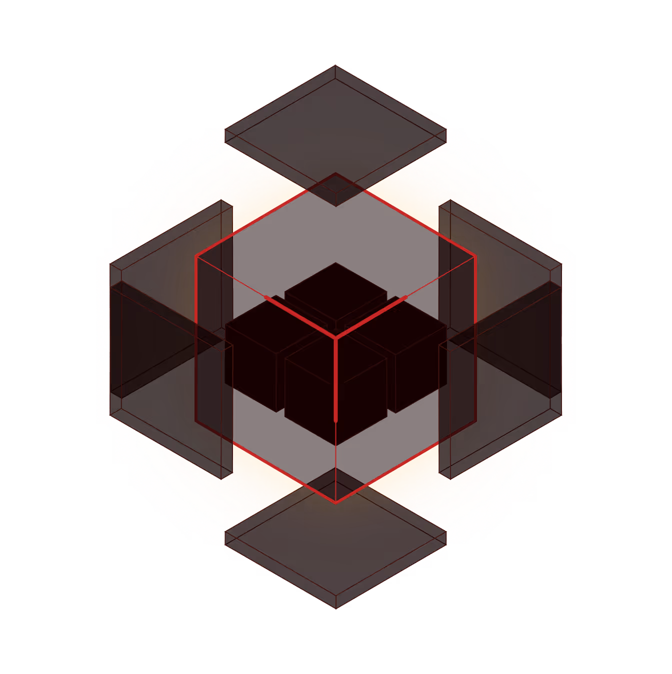 Glowing orange circle with dark transparent 3D cubes and panels forming a geometric structure.