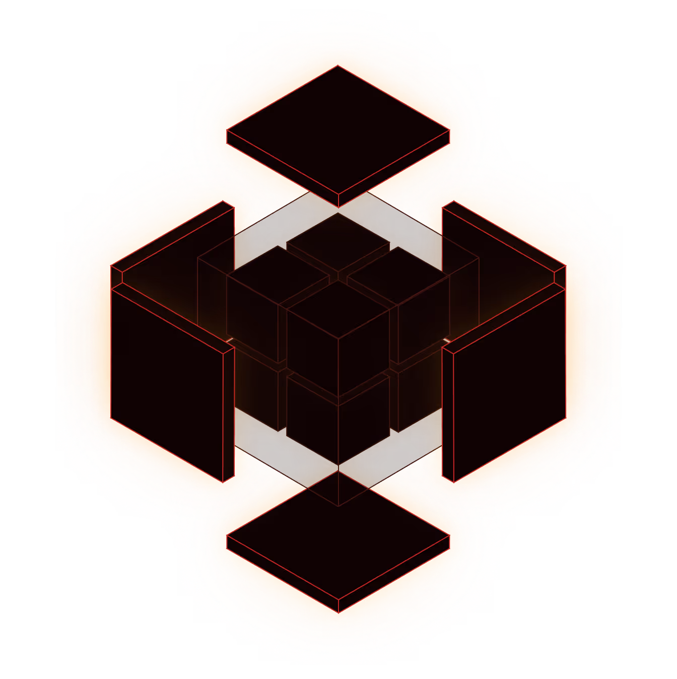 3D black cube disassembled into smaller cubes and four surrounding square panels with orange glow.