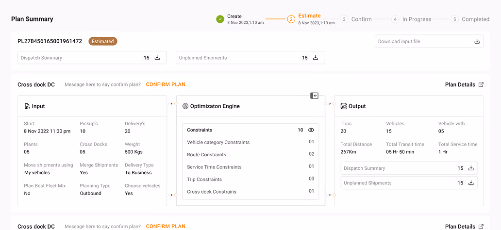 Logistics plan summary screen showing input, optimization engine constraints, and output details for shipments and vehicles.