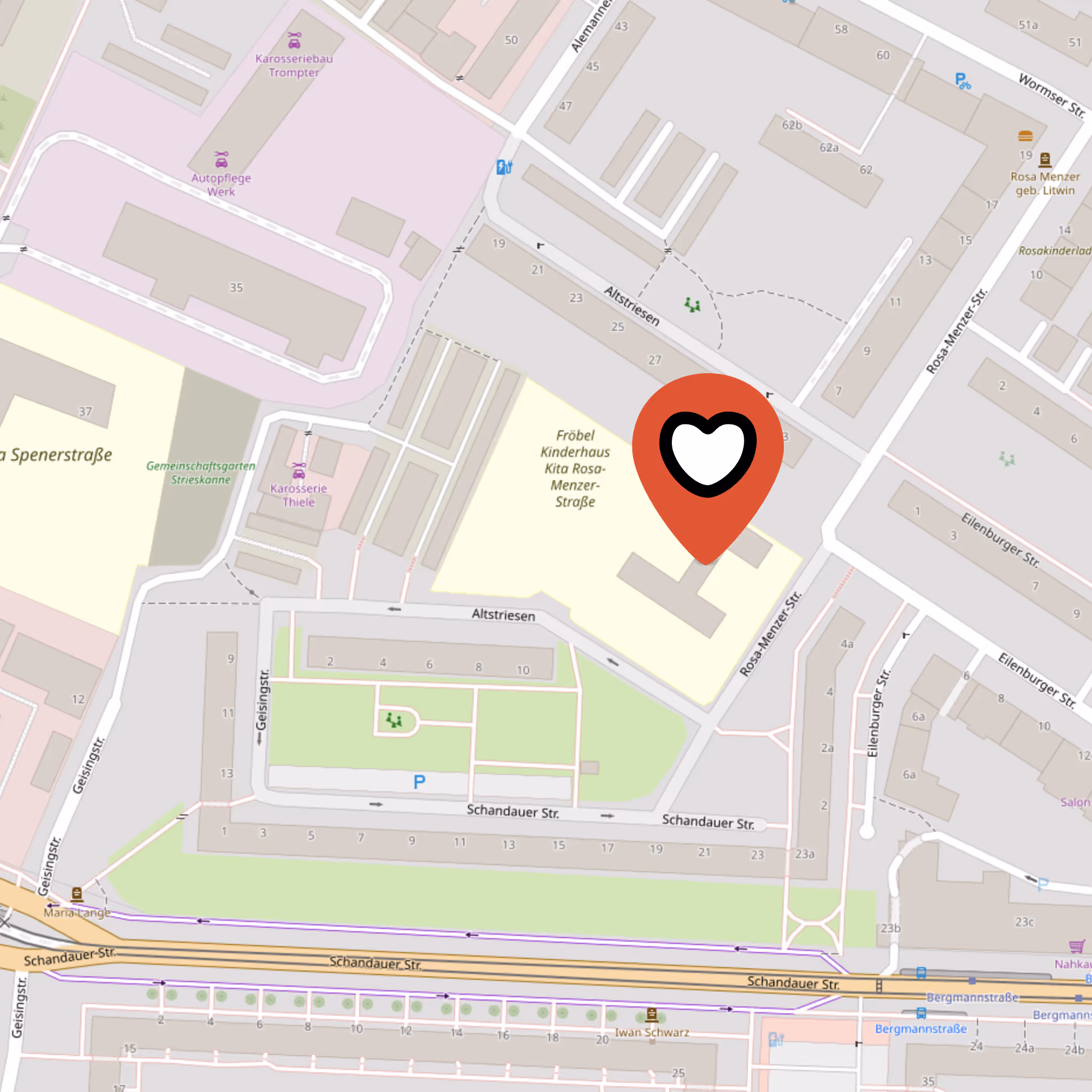 Karte zeigt Dresden-Striesen mit Kita, Fröbel Kinderhaus und lokalen Geschäften und Straßen.