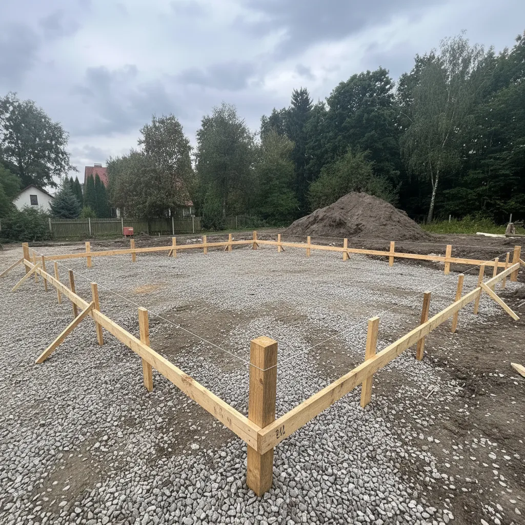Schnurgerüst aus Holzpfählen auf einem geschotterten Baugrundstück vor Baubeginn