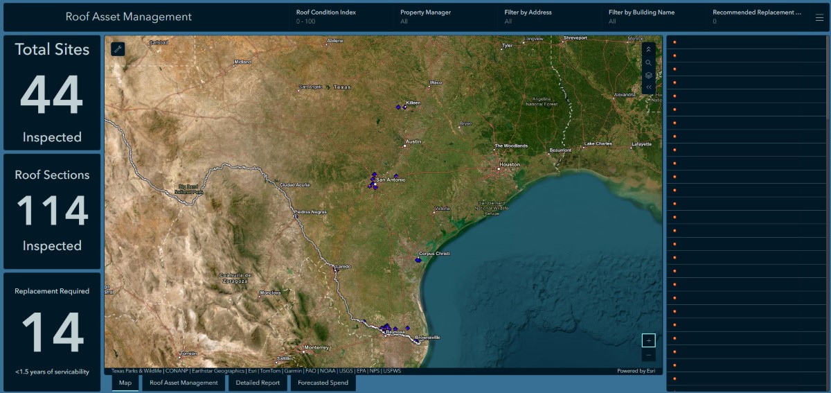 Roof Asset Management dashboard showing map of Texas with 44 inspected sites, 114 roof sections, and 14 replacements required.