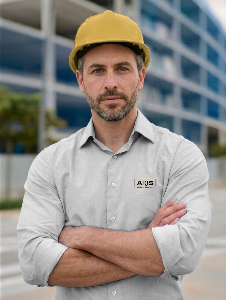 Construction worker wearing yellow hard hat and an Axis Exterior Solutions shirt standing confidently outdoors