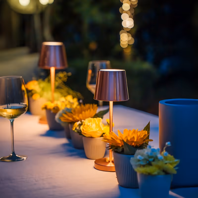 Gedeckter Tisch mit kabellosen Tischlampen, Blumenarrangements und Weingläsern in stimmungsvoller Atmosphäre.
