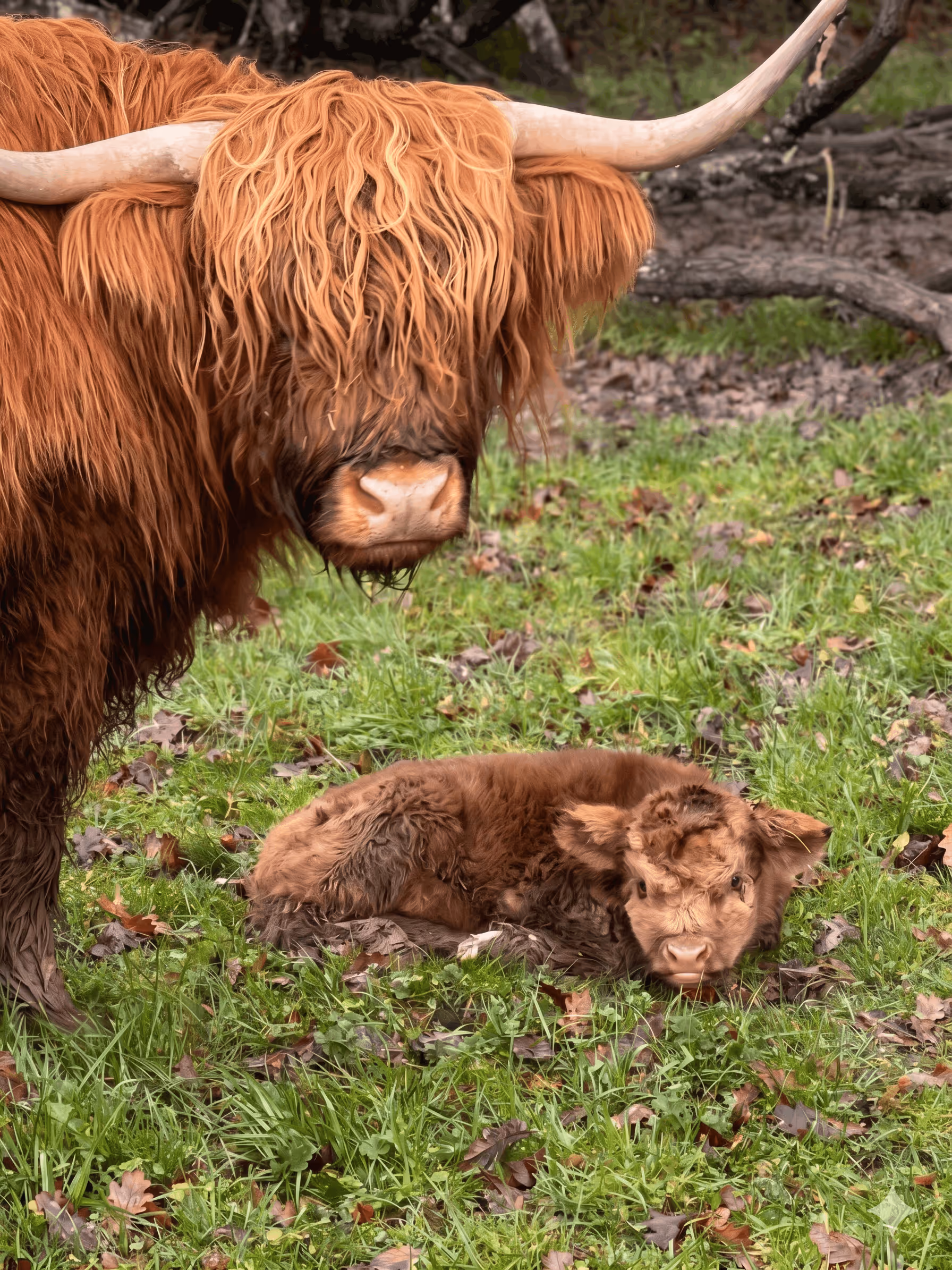 A Highland cow with long reddish-brown hair and curved horns standing next to a lying calf on green grass with fallen leaves.