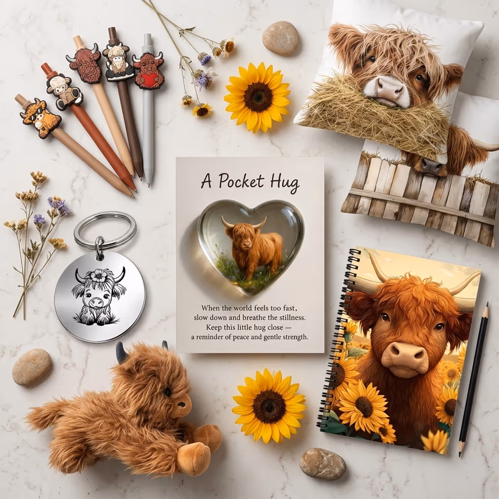 Flat lay of Highland cow-themed items including pens with cow toppers, a keychain, a plush toy, a heart-shaped glass paperweight with a small cow figure, a notebook with a cow and sunflowers on the cover, pillows with cow faces, sunflowers, stones, and dried flowers on a marble surface.