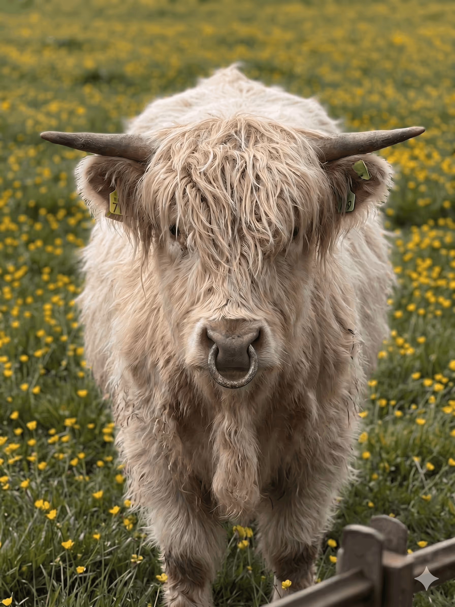 Light beige Highland cow with long shaggy hair and nose ring standing in yellow flower meadow.