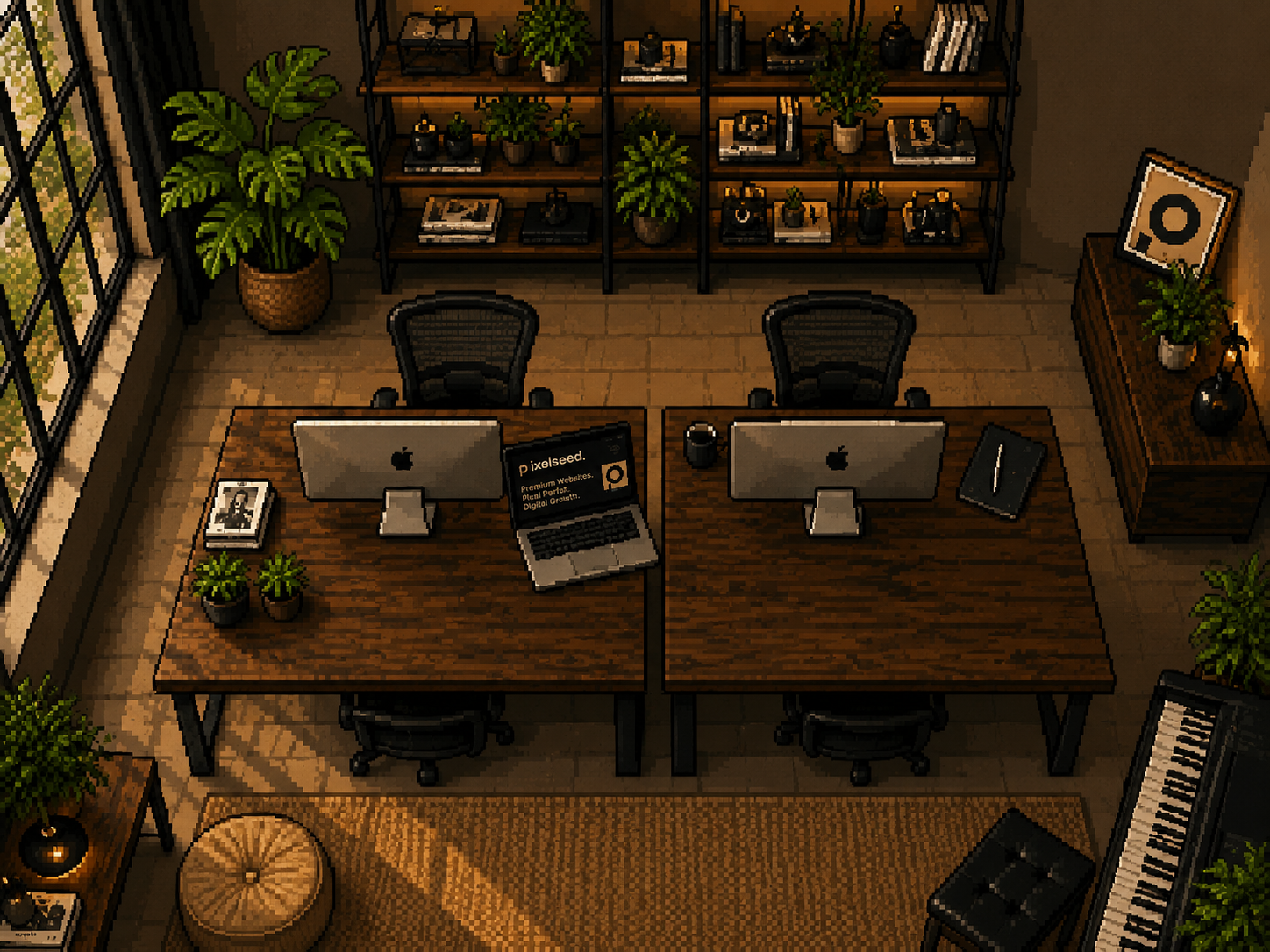 Pixelated office with two desks, iMacs, laptop, plants, bookshelves, and a keyboard piano.
