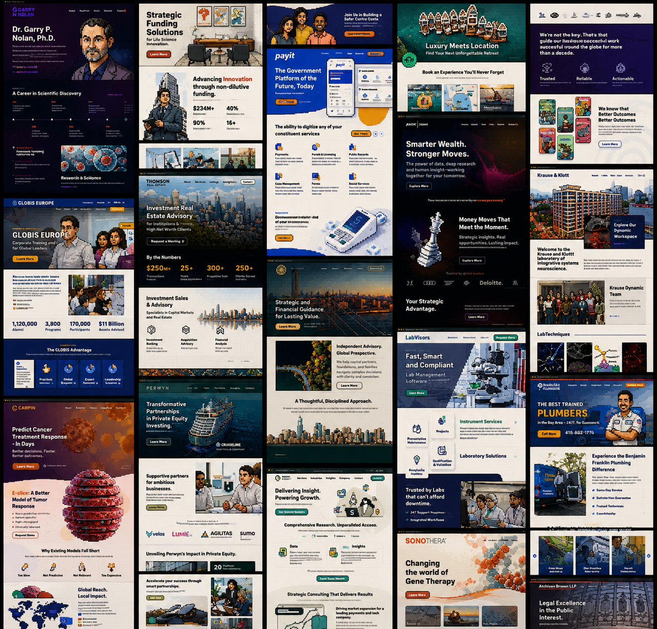 Collage of diverse professional website homepages showcasing science, finance, real estate, plumbing, and lab services.