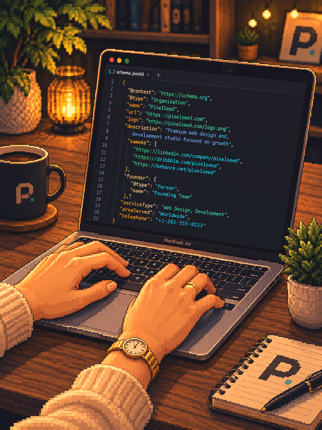Hands typing on a MacBook Air showing JSON code for PixelSeed organization schema on a cozy desk.