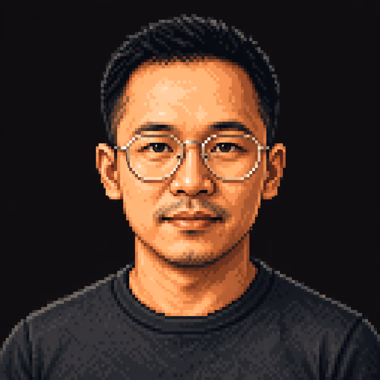 Pixel art portrait of a man with glasses, black hair, and a black shirt on a black background.