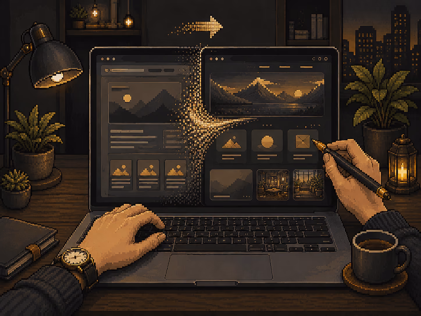 Pixel art of hands editing a website on laptop at a desk with plants, lamp, and coffee cup.