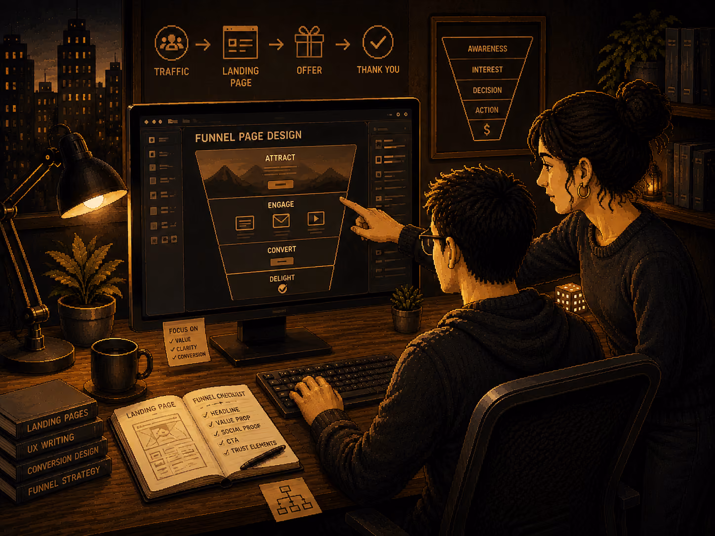 Two people work on funnel page design on a computer with notes and books on conversion and strategy.