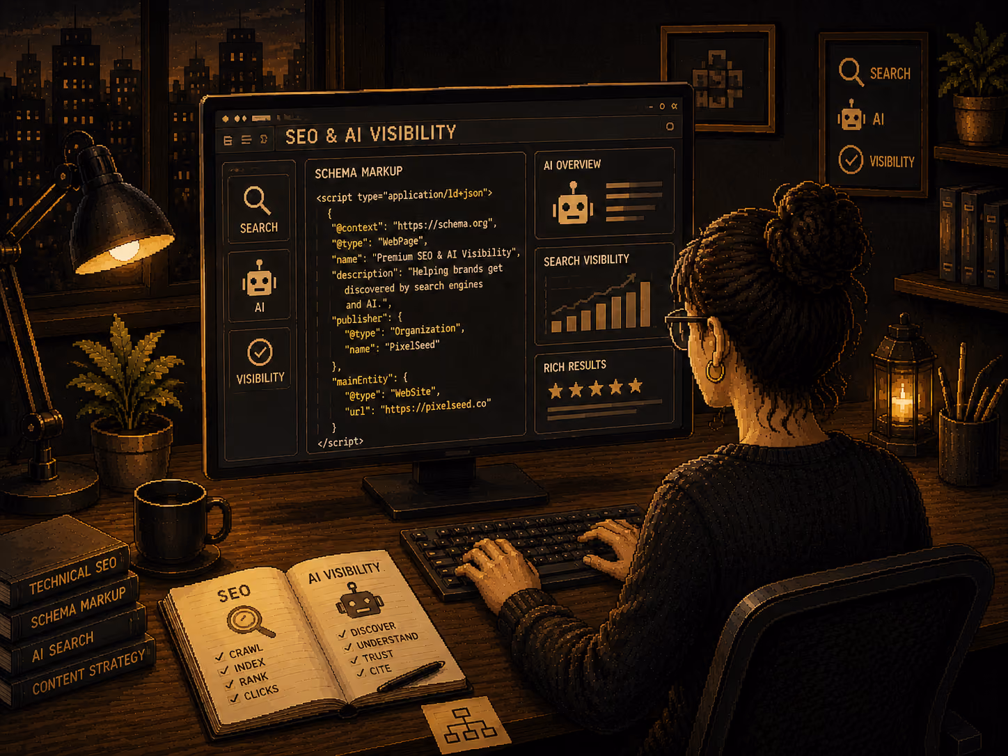 Person working on SEO and AI visibility with code, charts, and SEO notes at a dimly lit desk.