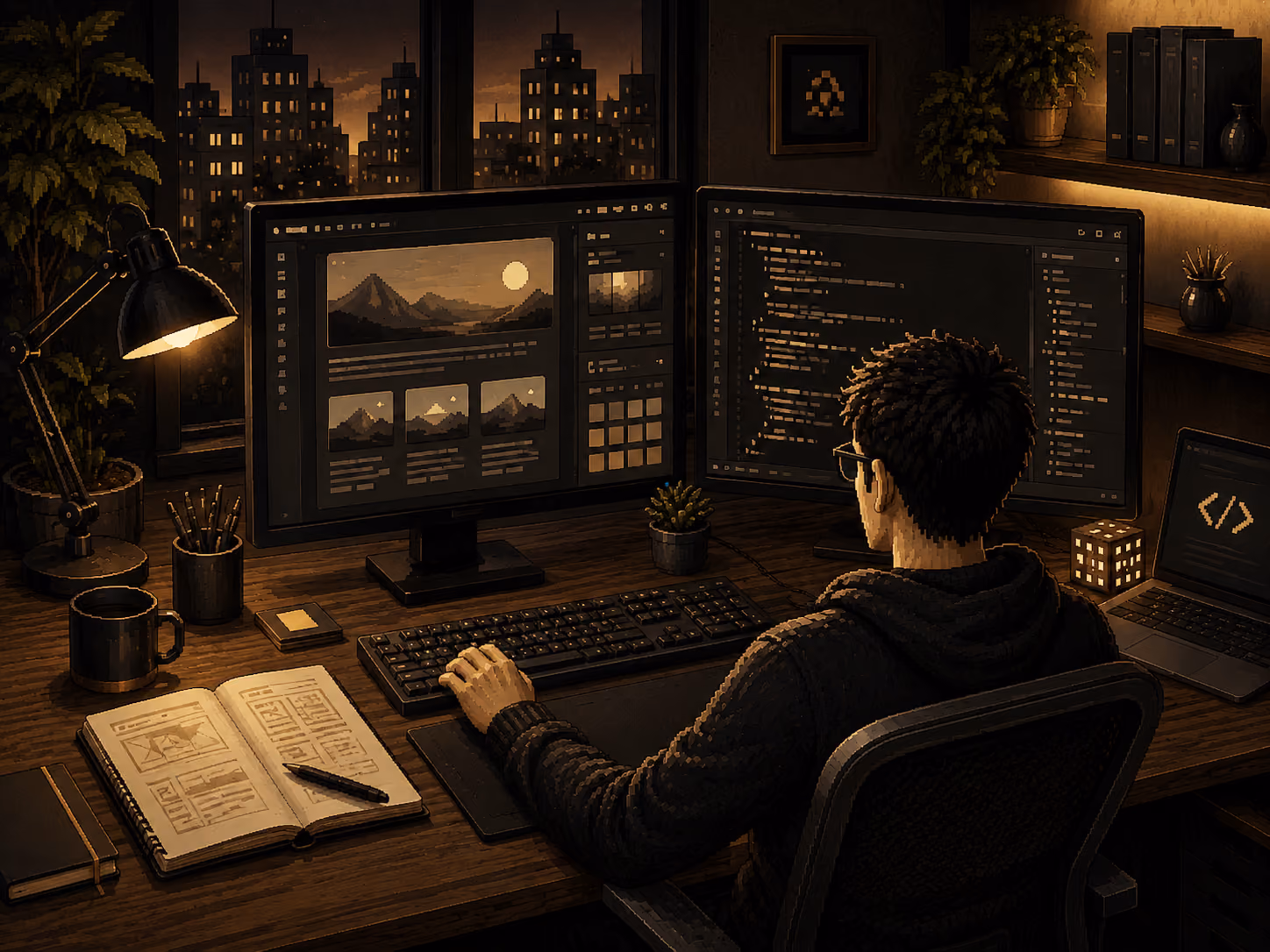 Person working on dual monitors at a desk with code and images, lit by a lamp and city lights outside.