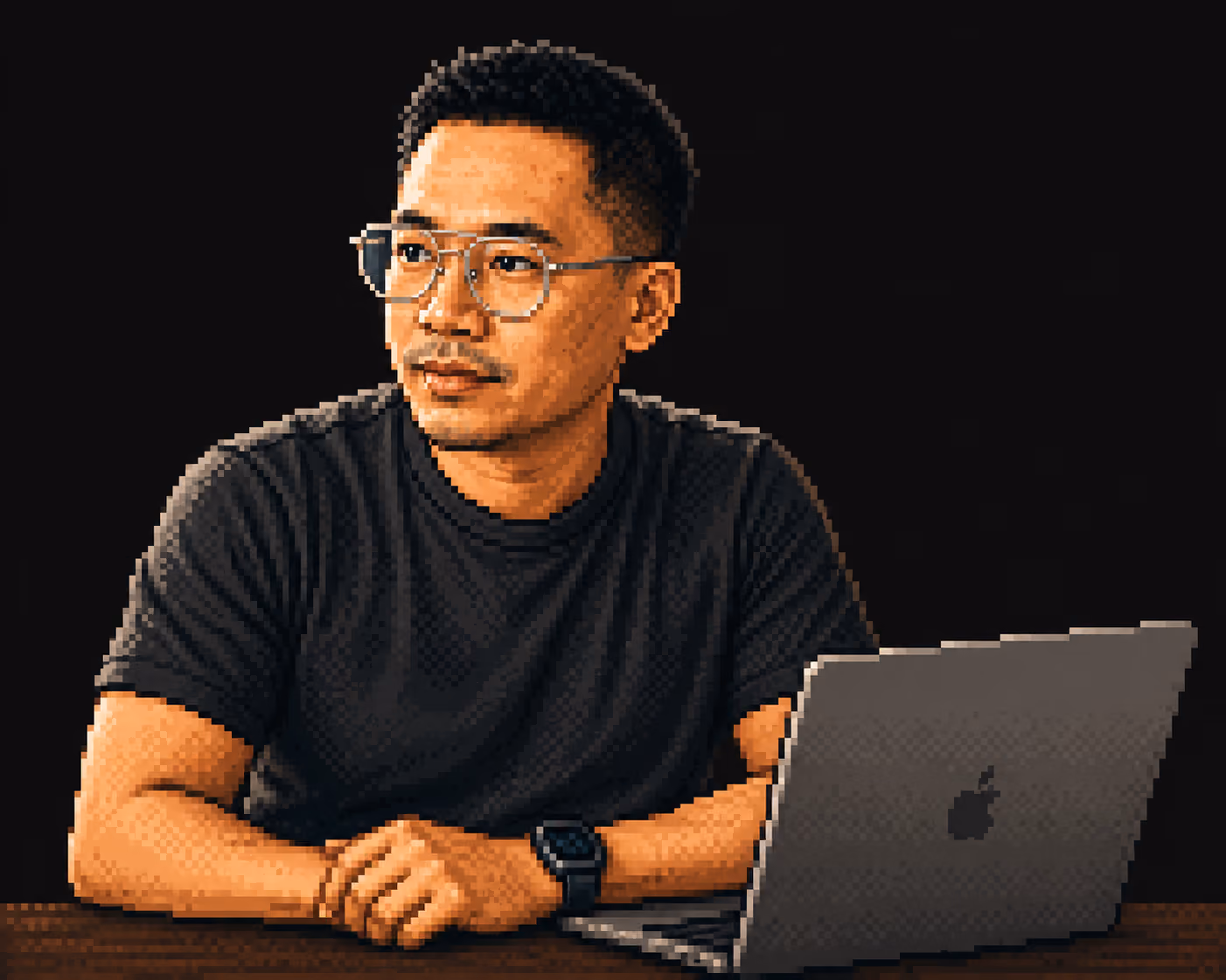 Pixel art of a man wearing glasses and a watch sitting at a table with a laptop.