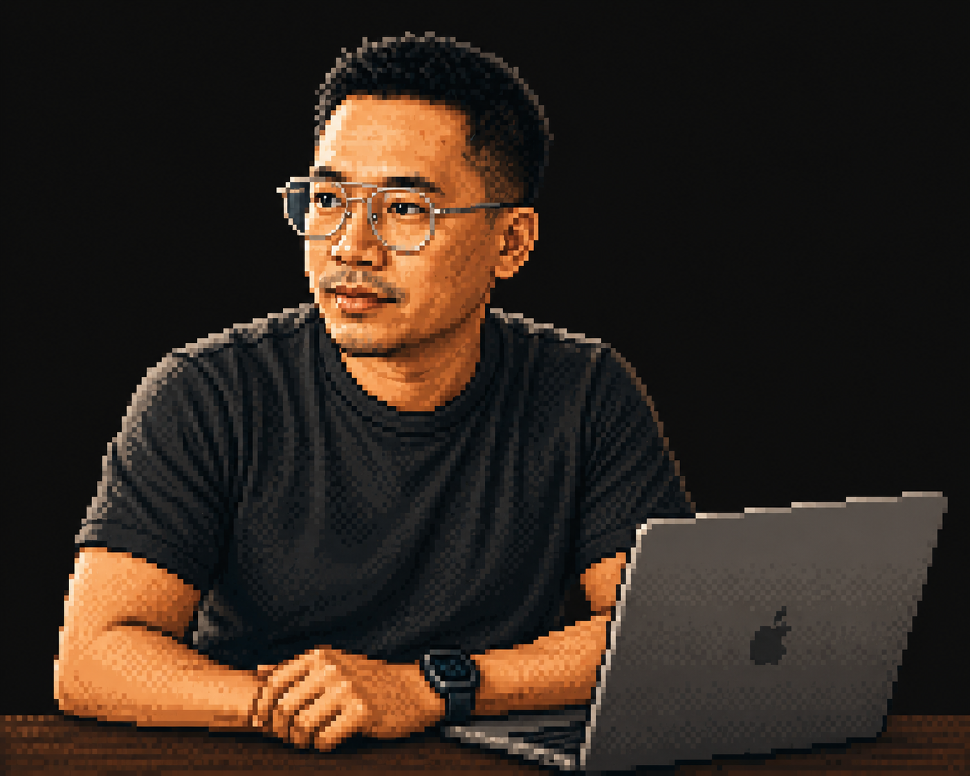 Pixel art of a man wearing glasses and a watch sitting at a table with a laptop.