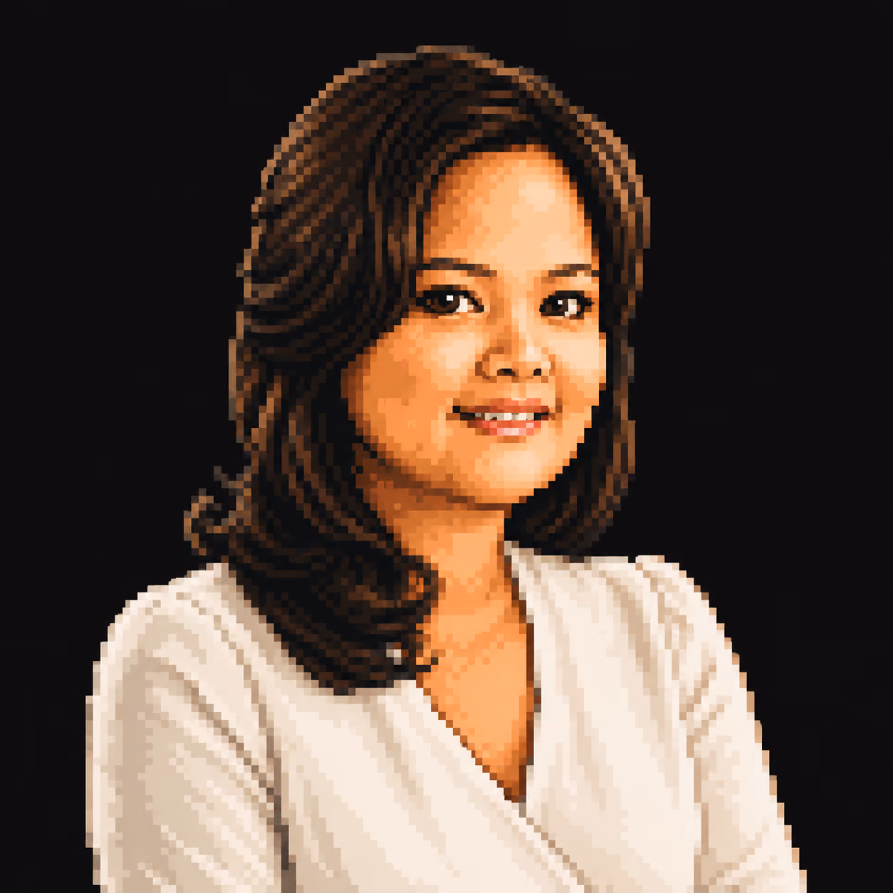 Pixel art portrait of a woman with dark hair wearing a white top against a black background.