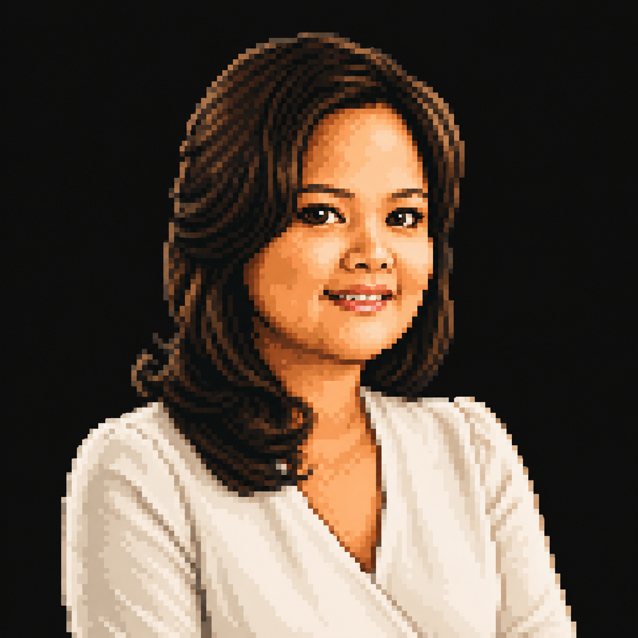 Pixel art portrait of a woman with dark hair wearing a white top against a black background.