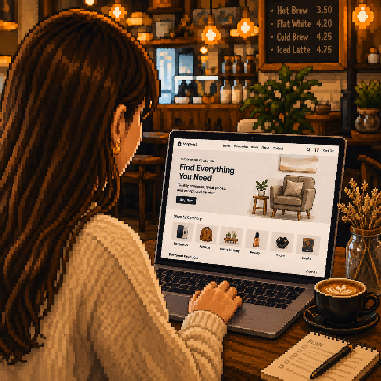 Woman using laptop on wooden table in cozy cafe with coffee and planner beside her.