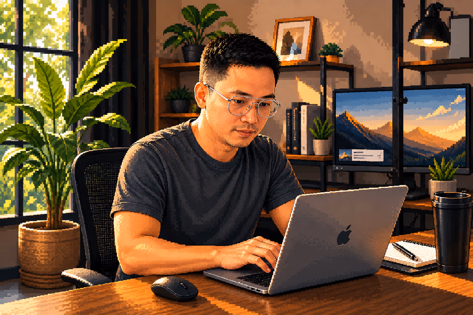 Man with glasses working on a laptop at a wooden desk in a modern office with plants and a monitor.