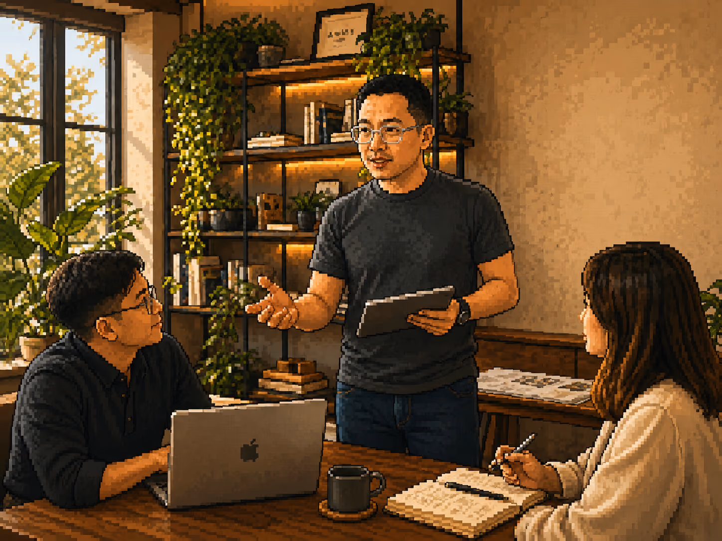 Man standing holding tablet talks to seated man with laptop and woman writing in notebook.
