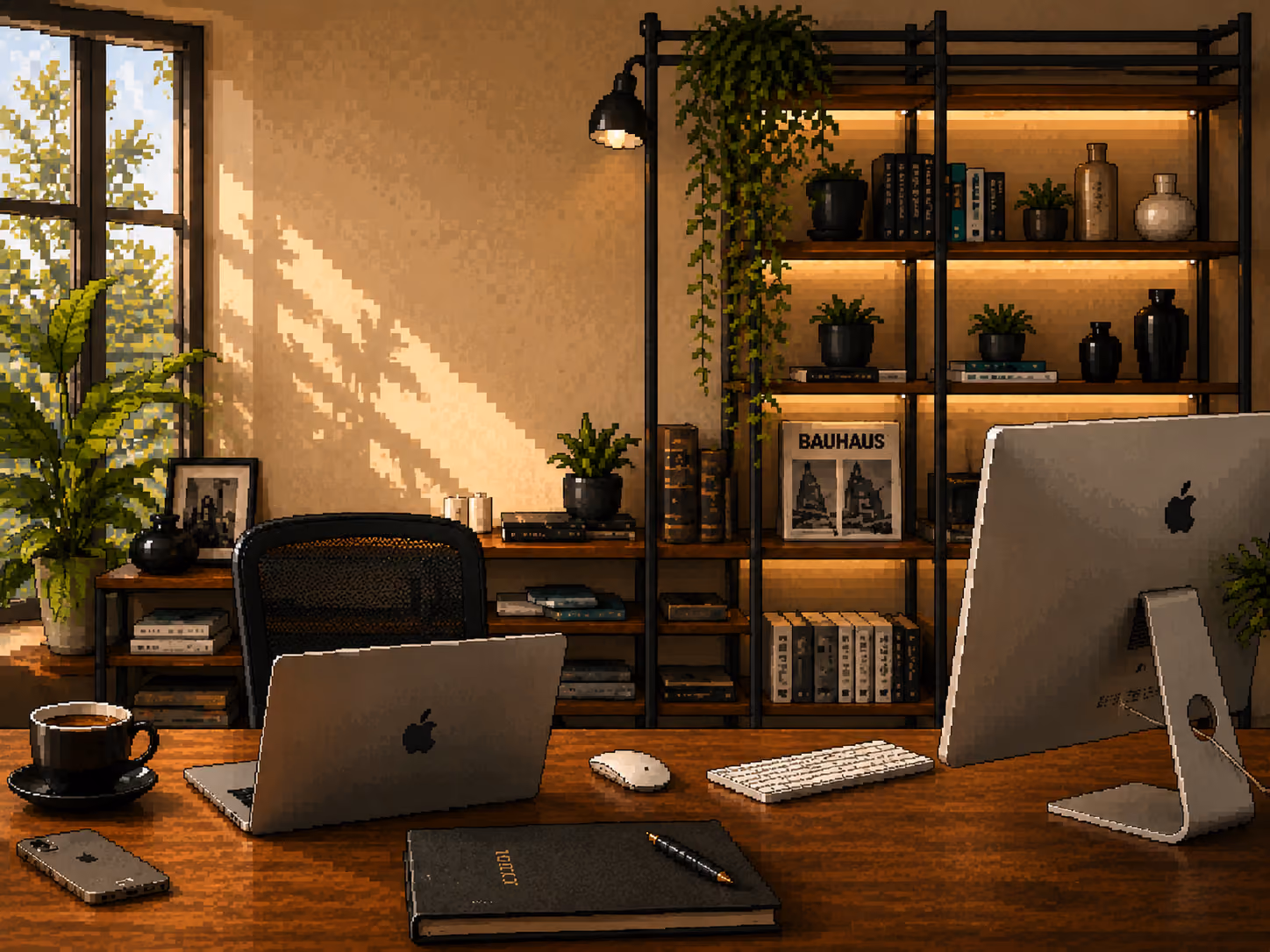 Warm office with Mac desktop, laptop, coffee cup, plants, bookshelf, and sunlight through window.
