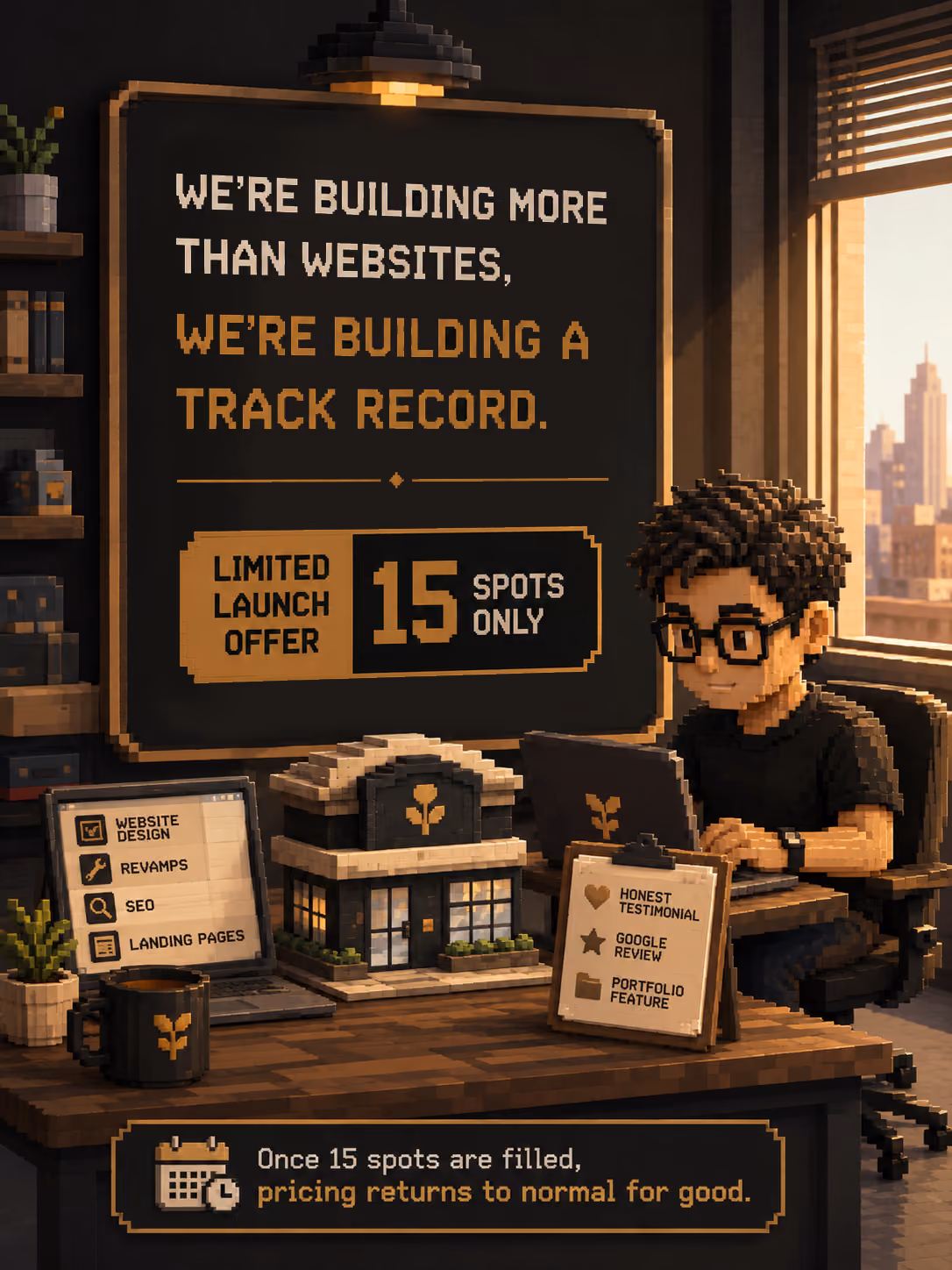 Pixel art workspace with a sign offering 15 limited website design spots and a man working on a laptop.