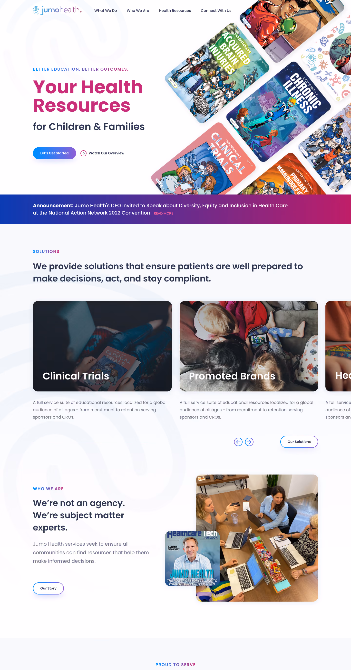 Jumo Health website showing health resources for children, solutions like clinical trials, and a team meeting.