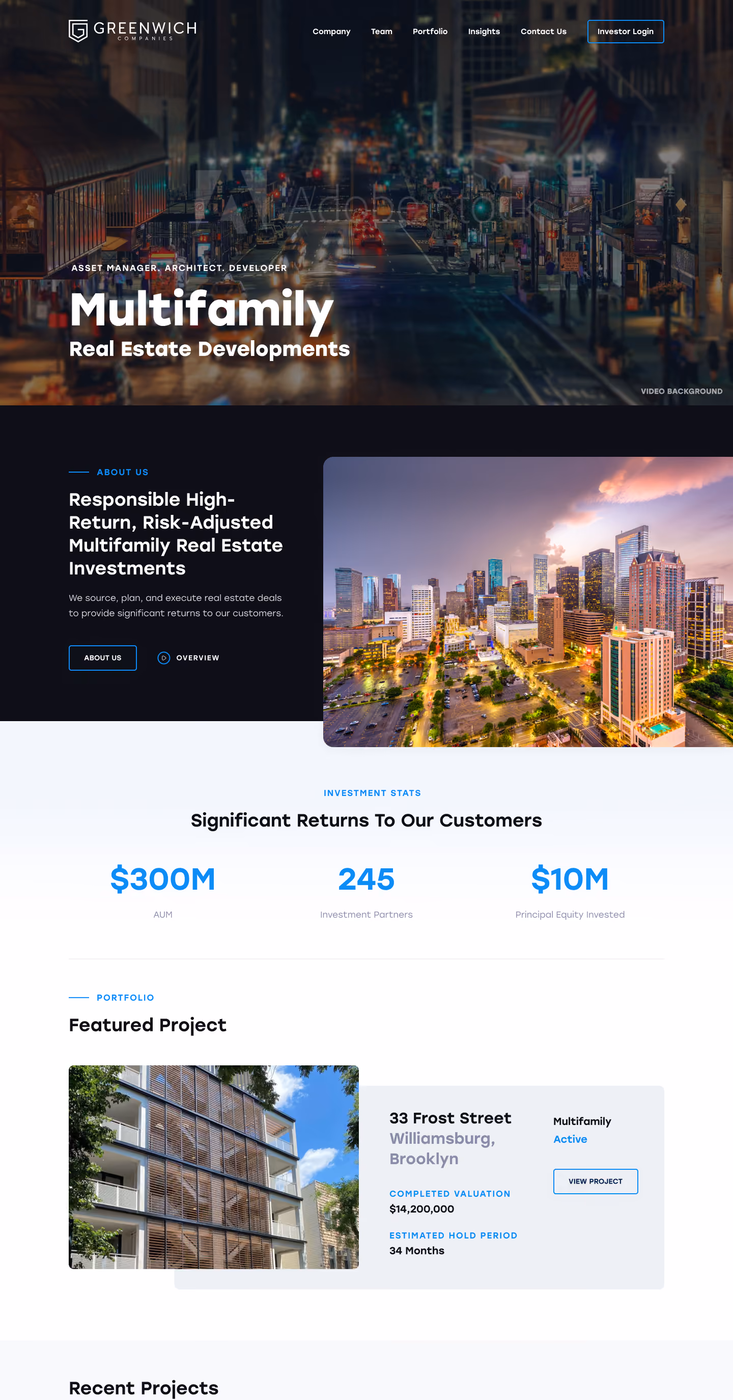 Greenwich Companies website homepage showing multifamily real estate developments, investment stats, and featured project.