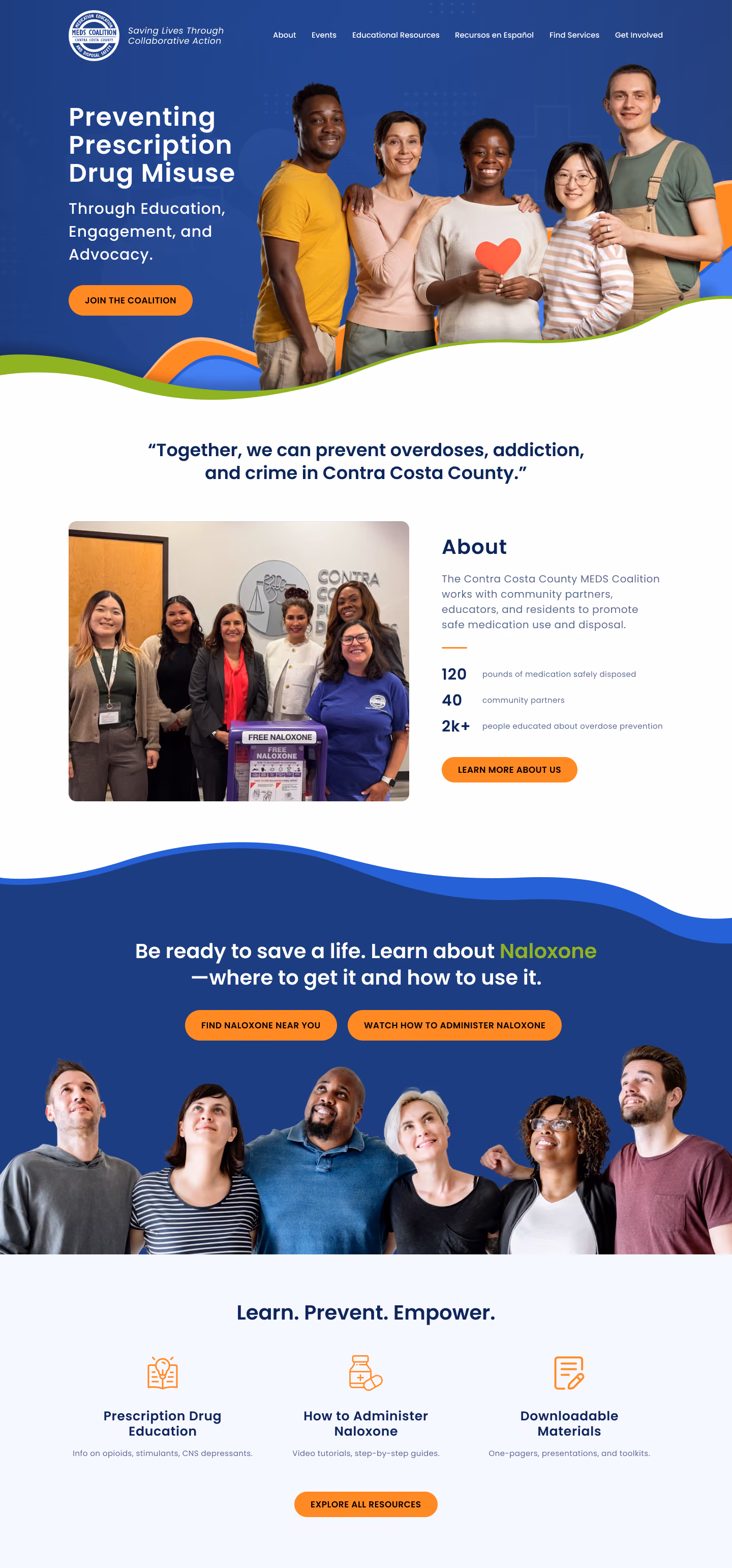 Website promoting prescription drug misuse prevention with diverse groups, coalition info, and naloxone resources.
