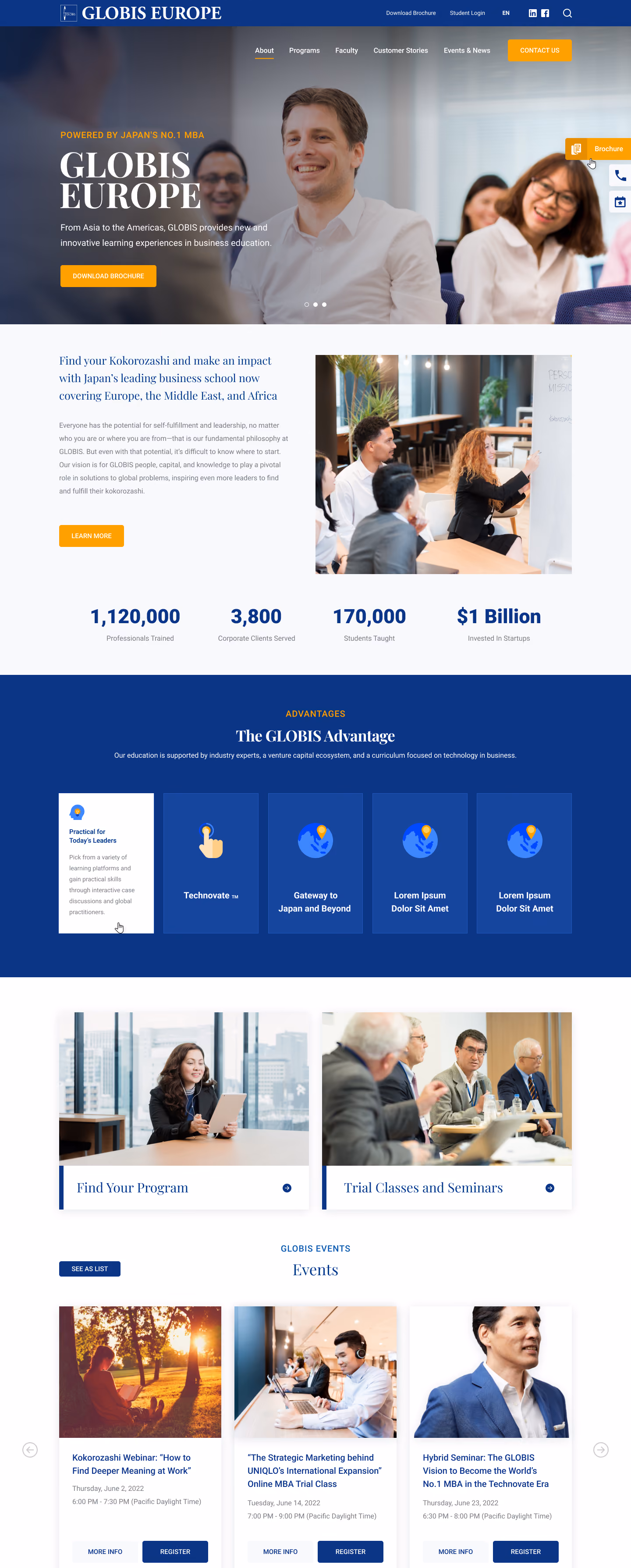 GLOBIS EUROPE business school website showing people, programs, events, and advantages in a clean layout.