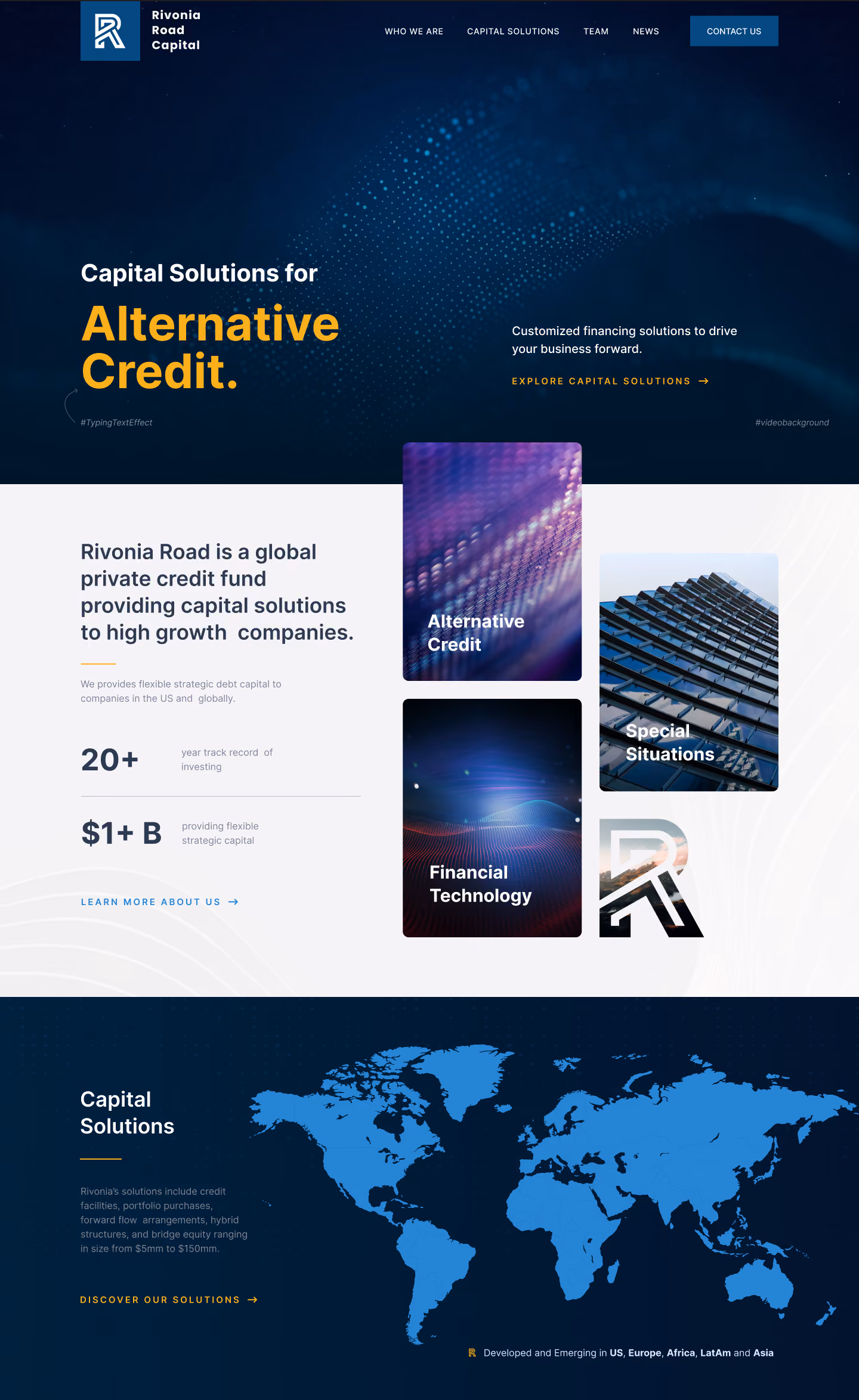 Rivonia Road Capital website homepage showcasing capital solutions for alternative credit with global map.