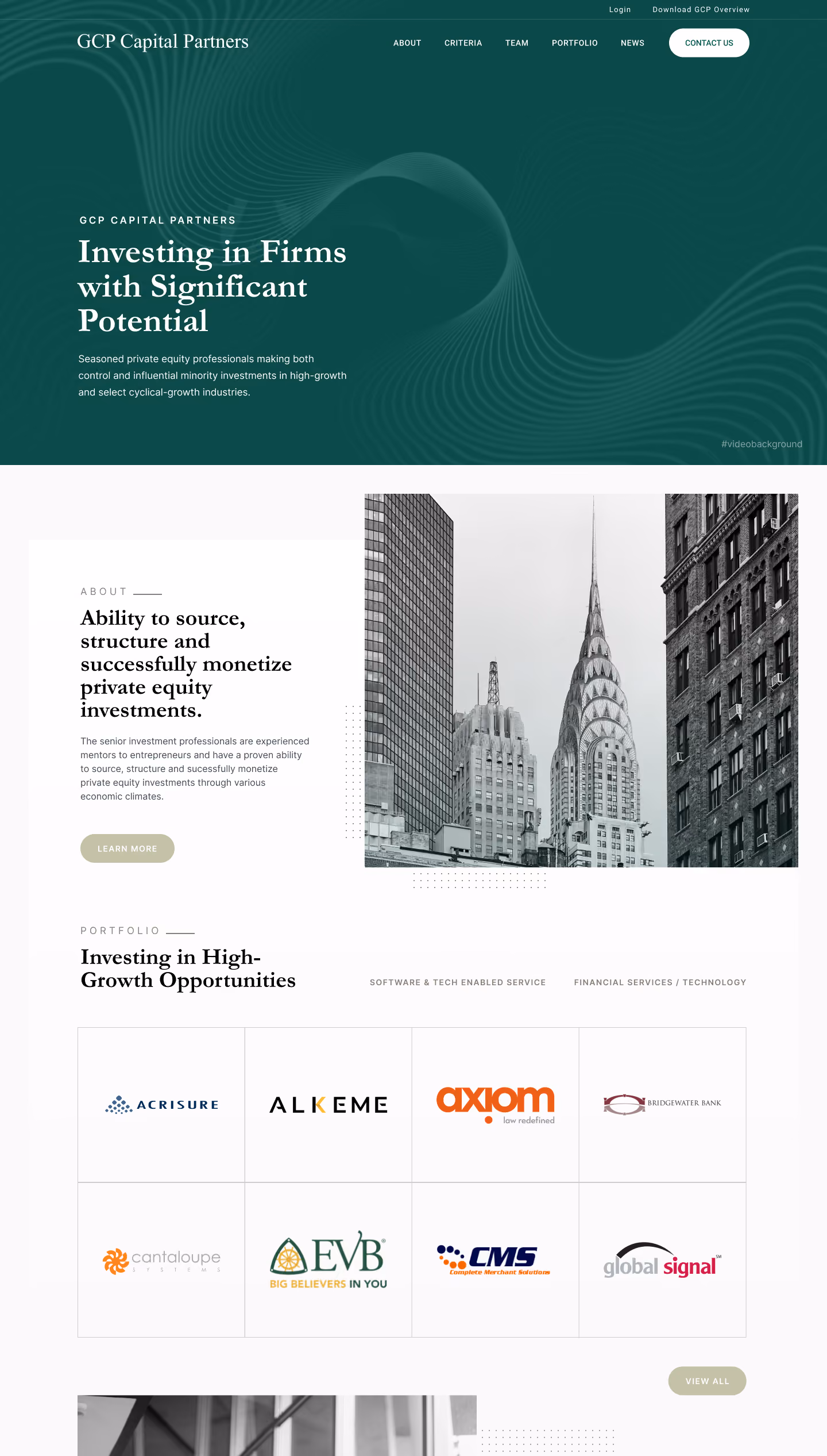 GCP Capital Partners webpage highlighting investment focus, portfolio logos, and New York City skyline.