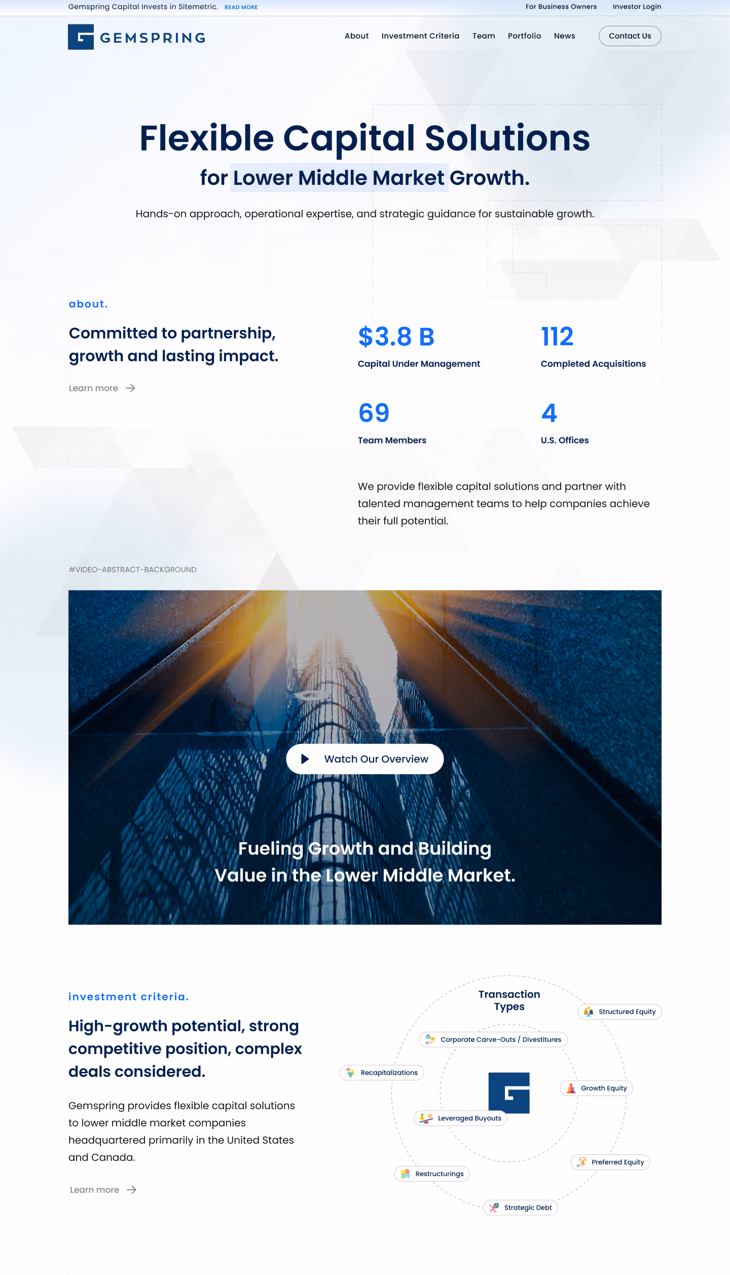 Gemspring webpage showing flexible capital solutions for lower middle market growth with investment criteria and stats.