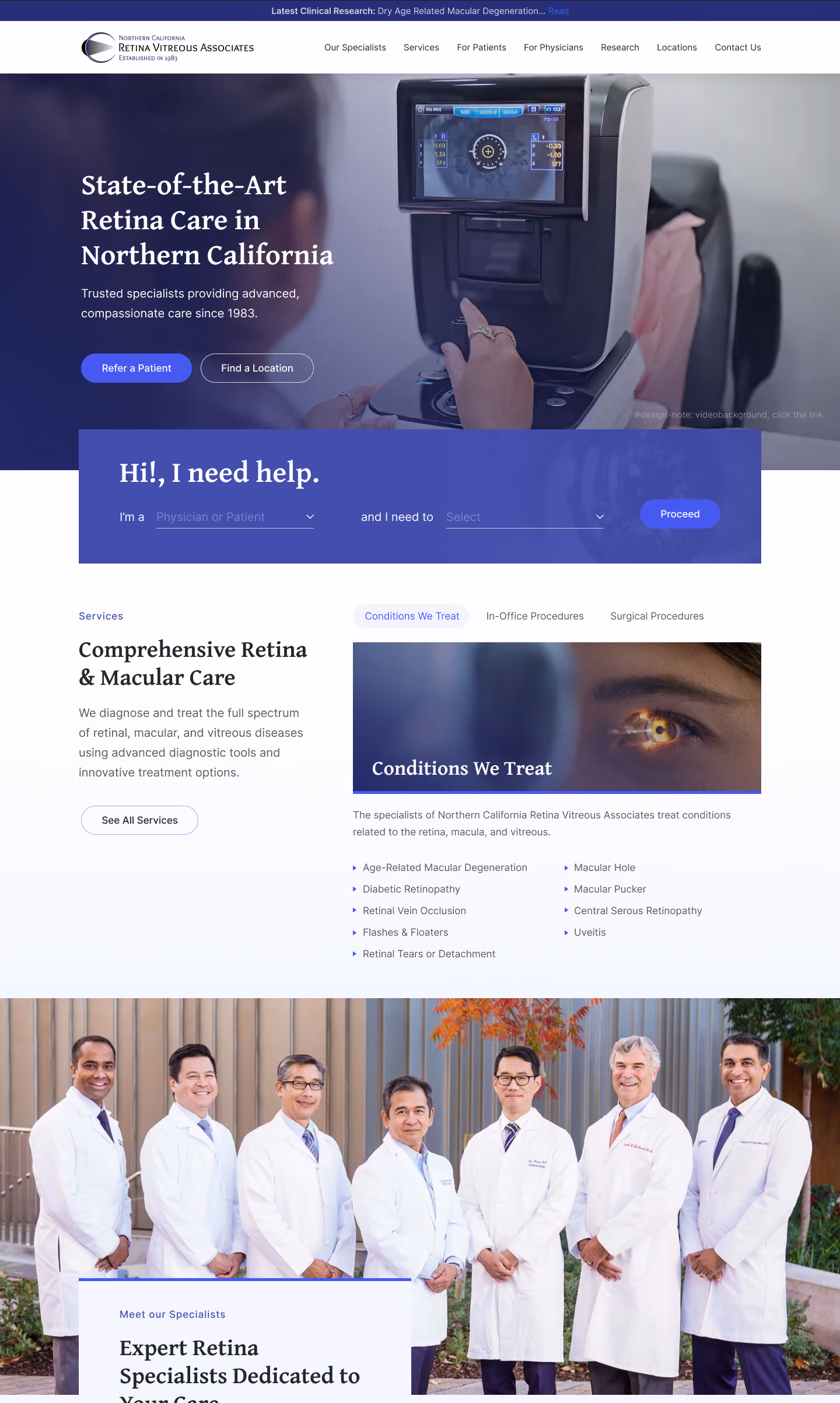 Group of seven retina specialists in white coats standing outdoors, smiling at the camera.