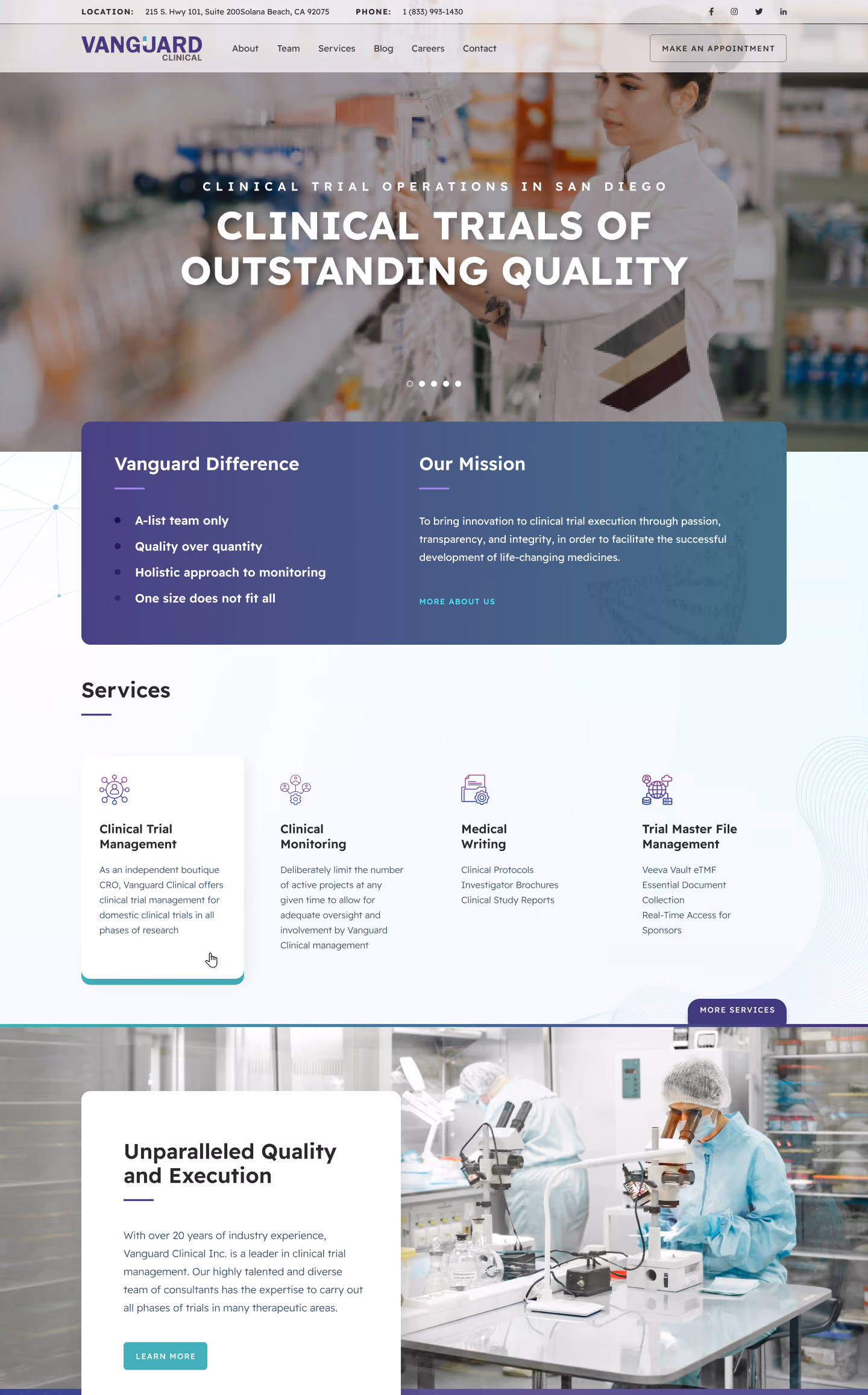 Woman in lab coat working in pharmacy aisle, Vanguard Clinical website highlighting clinical trial services.