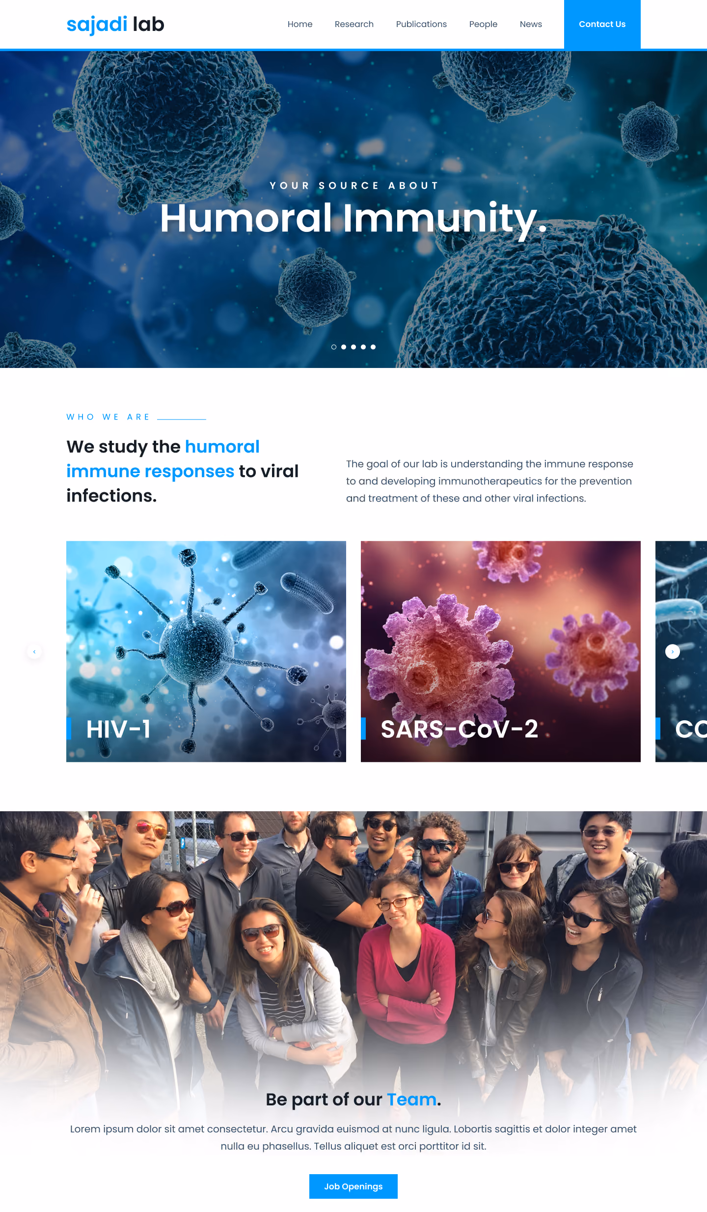 Sajadi lab homepage featuring humoral immunity, viral infections, and a diverse research team photo.