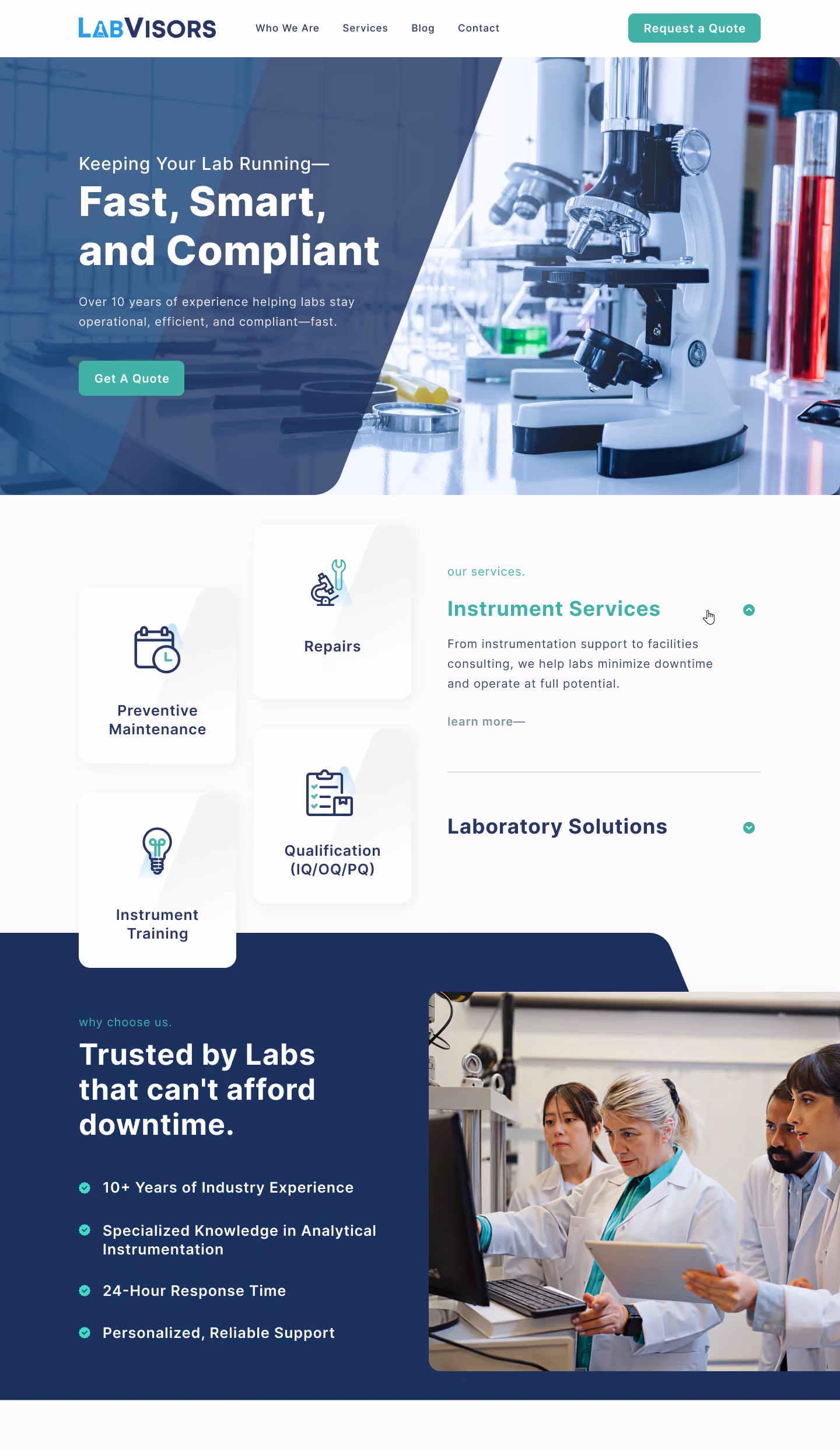 Laboratory website homepage showing lab services, expertise, and a team of scientists working at a computer.