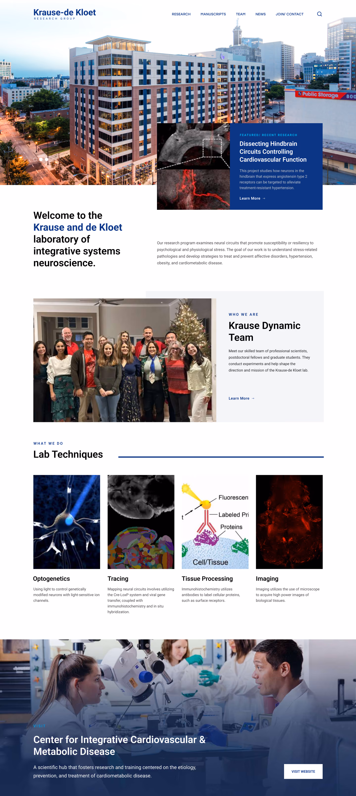 Krause-de Kloet lab webpage with building, team photo, lab techniques, and scientists working in lab.