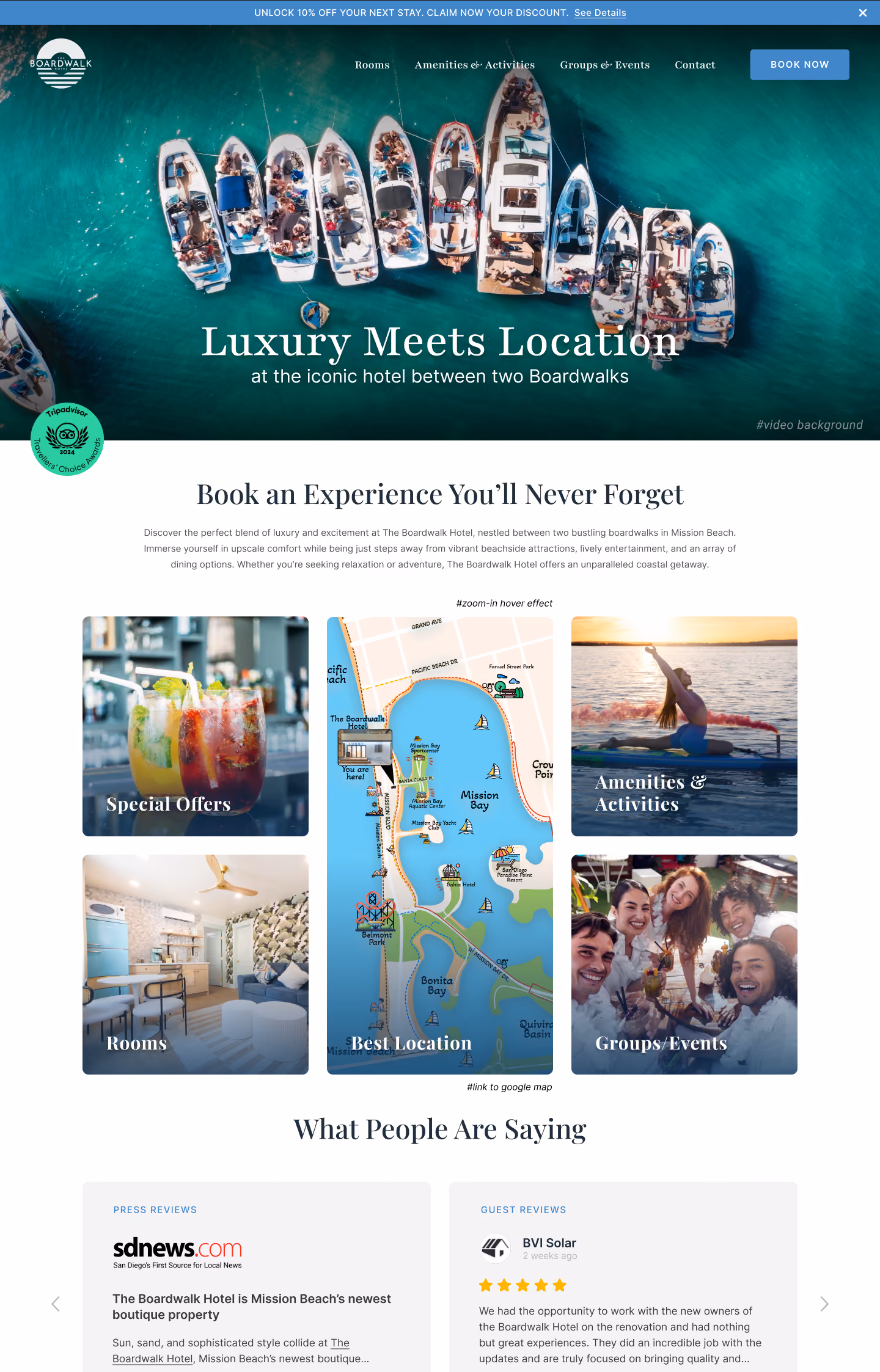 Aerial view of boats on blue water with luxury hotel website featuring rooms, offers, location, activities, and events.