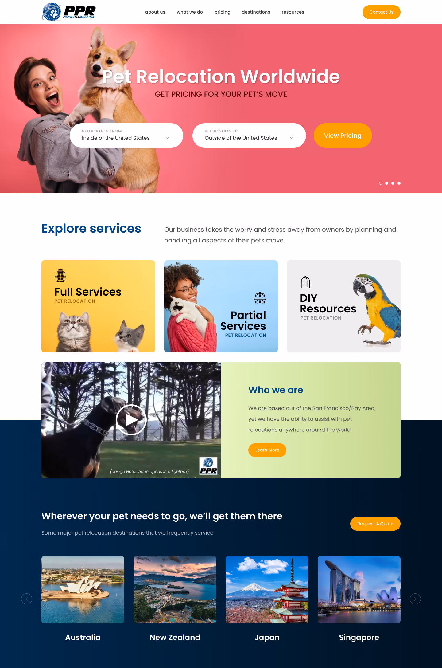 Website homepage for pet relocation showing a woman with a dog, service options, a dog video, and destination images.