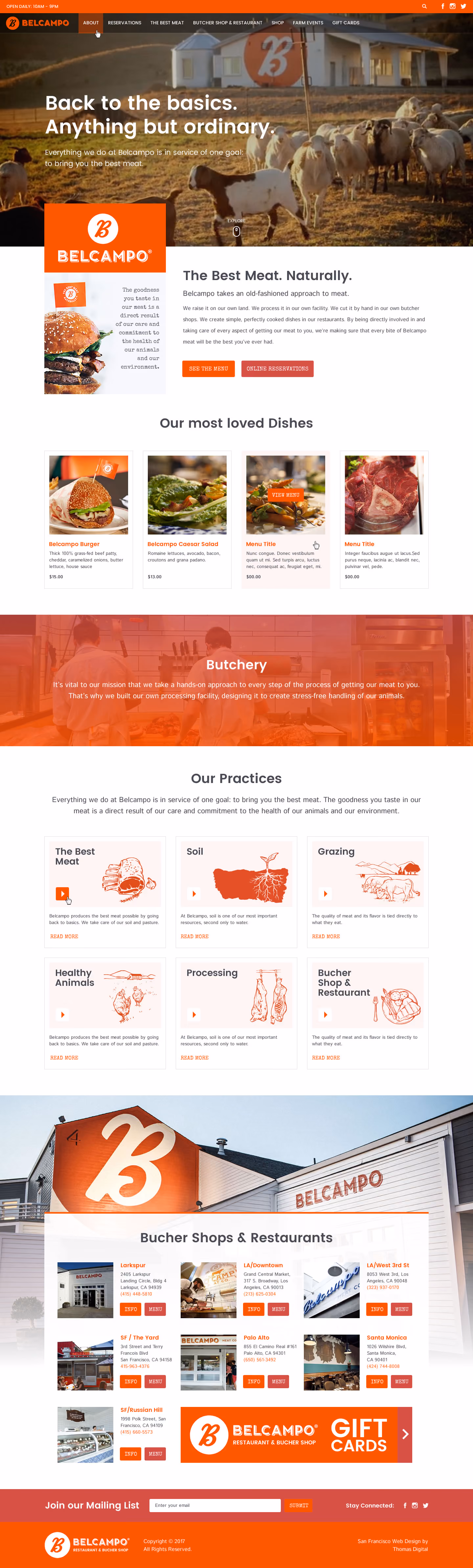 Belcampo website homepage with farm scenery, meat dishes, butchery info, and restaurant locations.