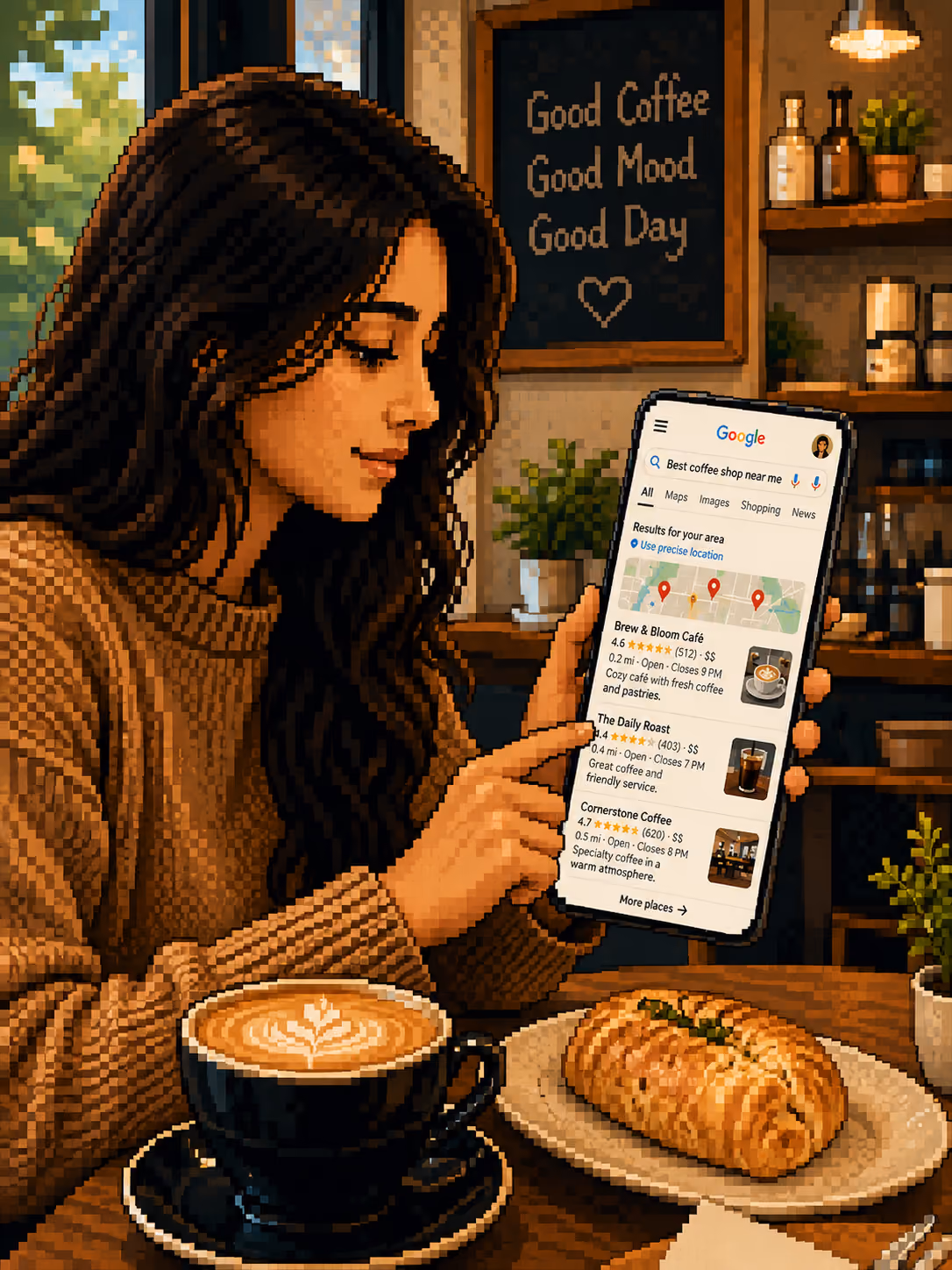 Woman in a cafe checking coffee shop search results on her phone next to a latte and pastry.
