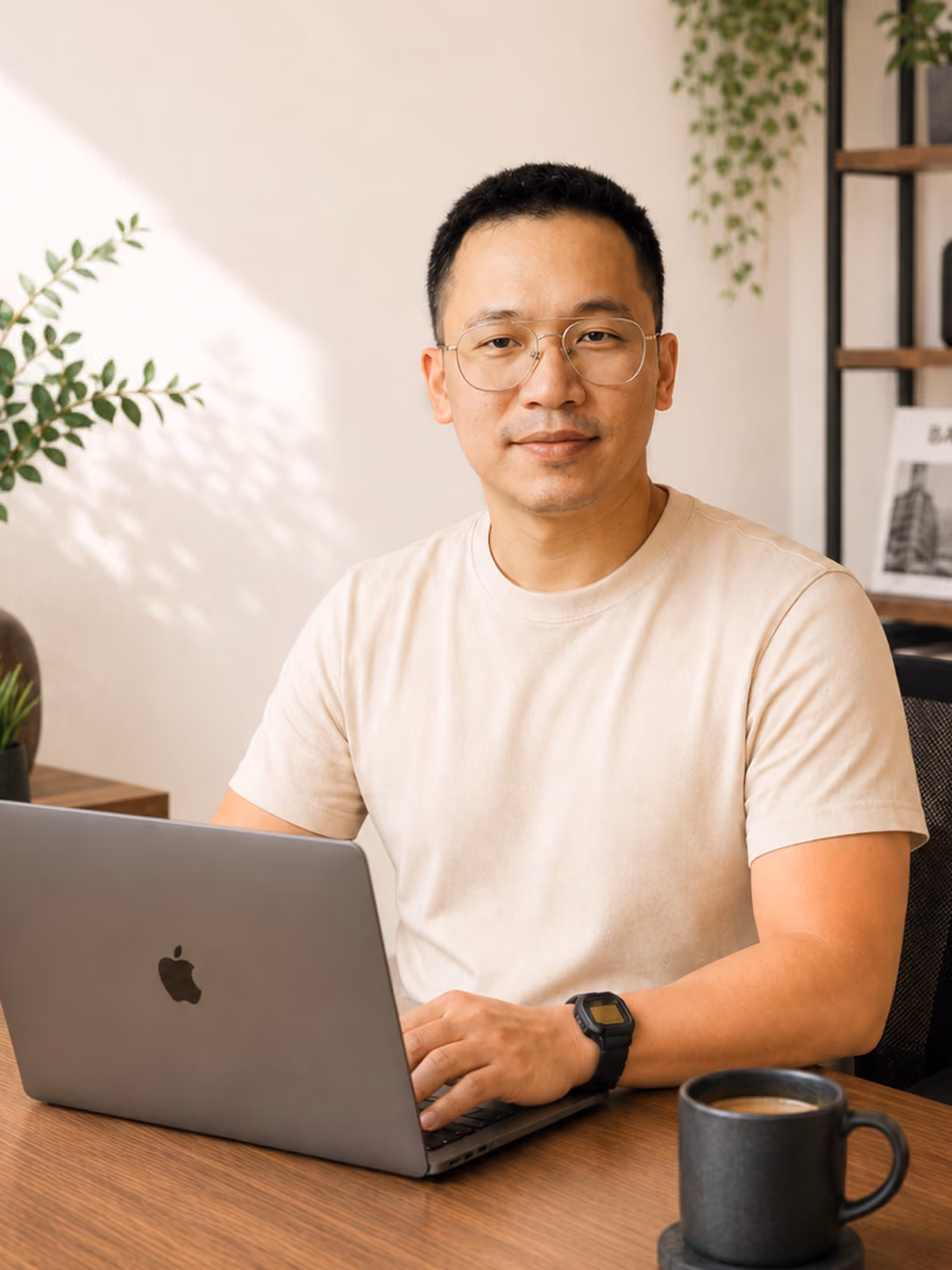 Man wearing glasses and a beige shirt working on a laptop at a wood desk with a coffee cup.