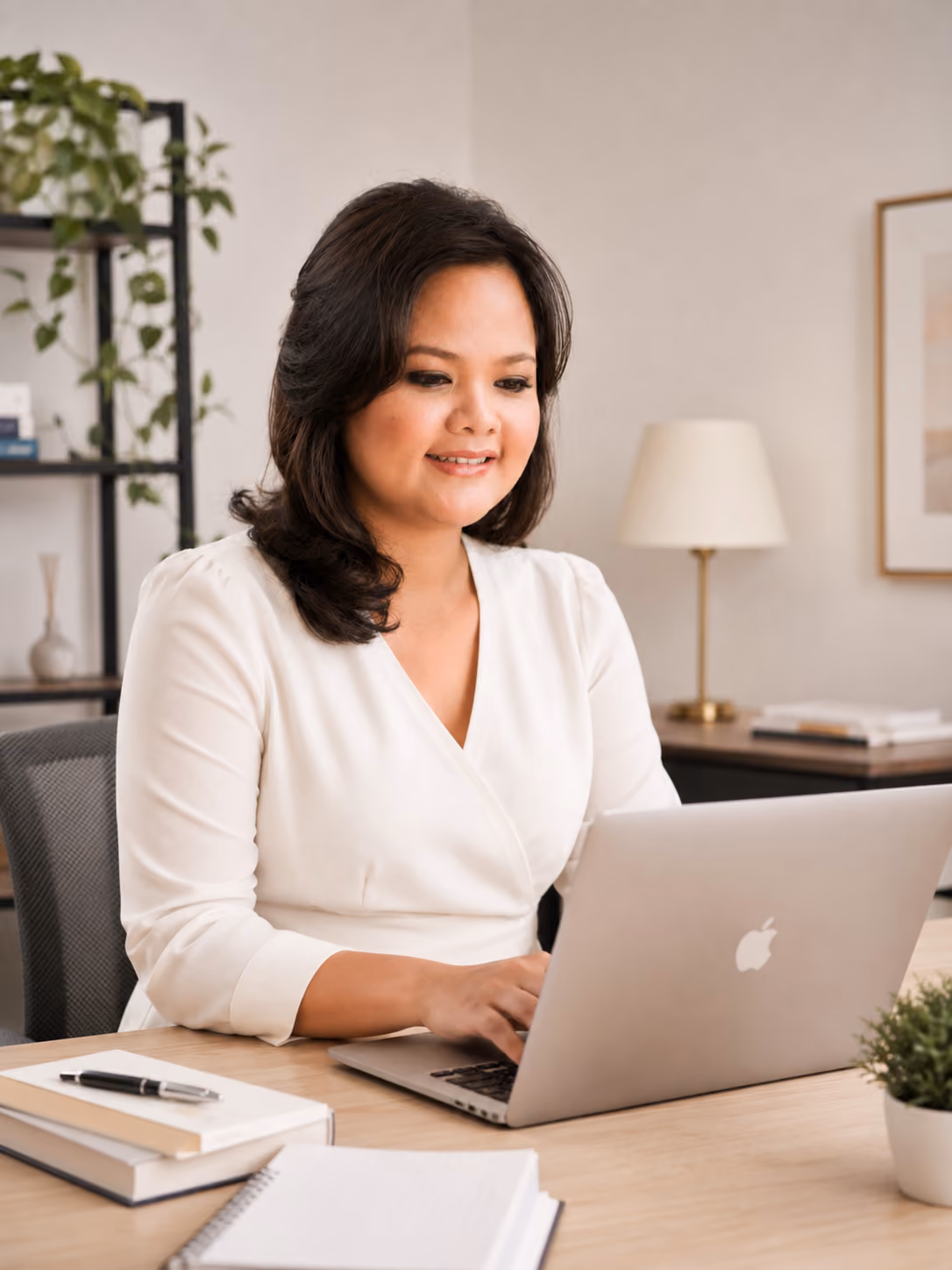 Woman in white blouse typing on a laptop at a desk with books and a plant nearby.