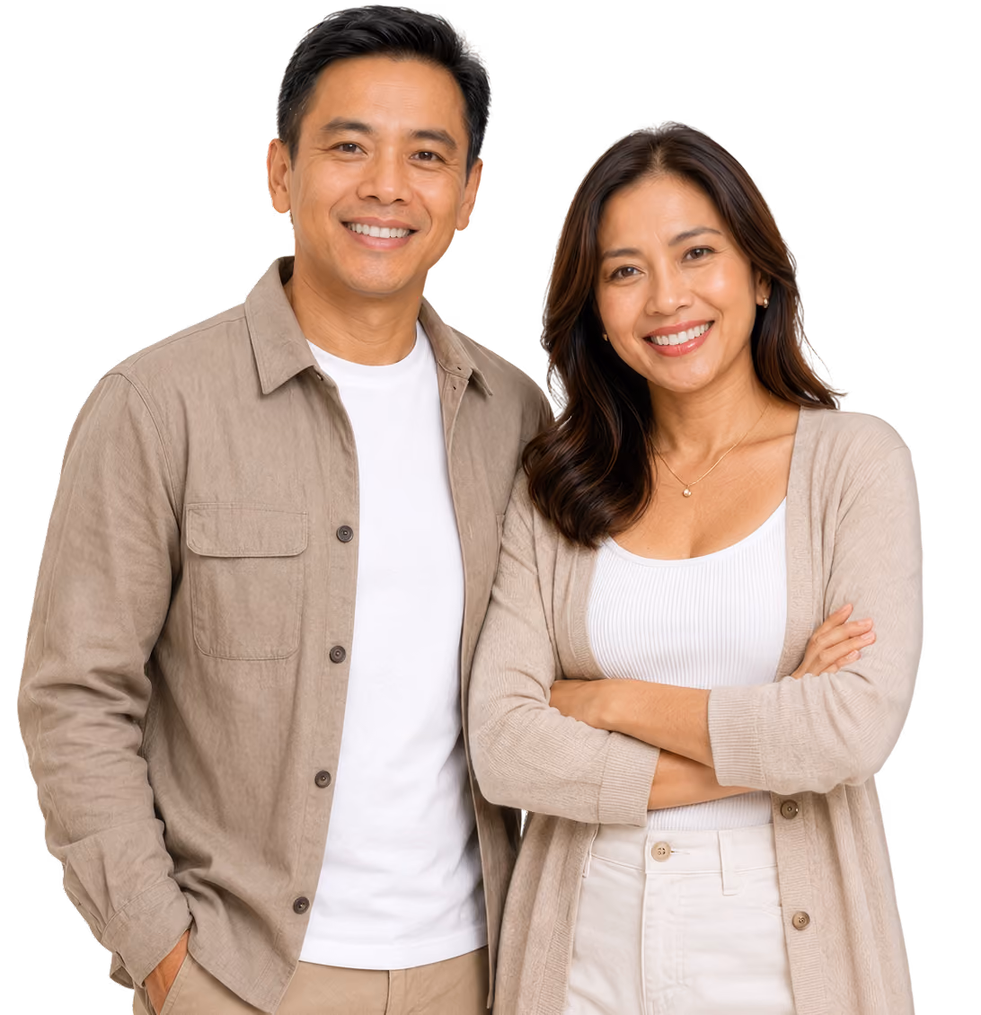 Smiling man and woman standing close, both wearing beige and white casual clothing.