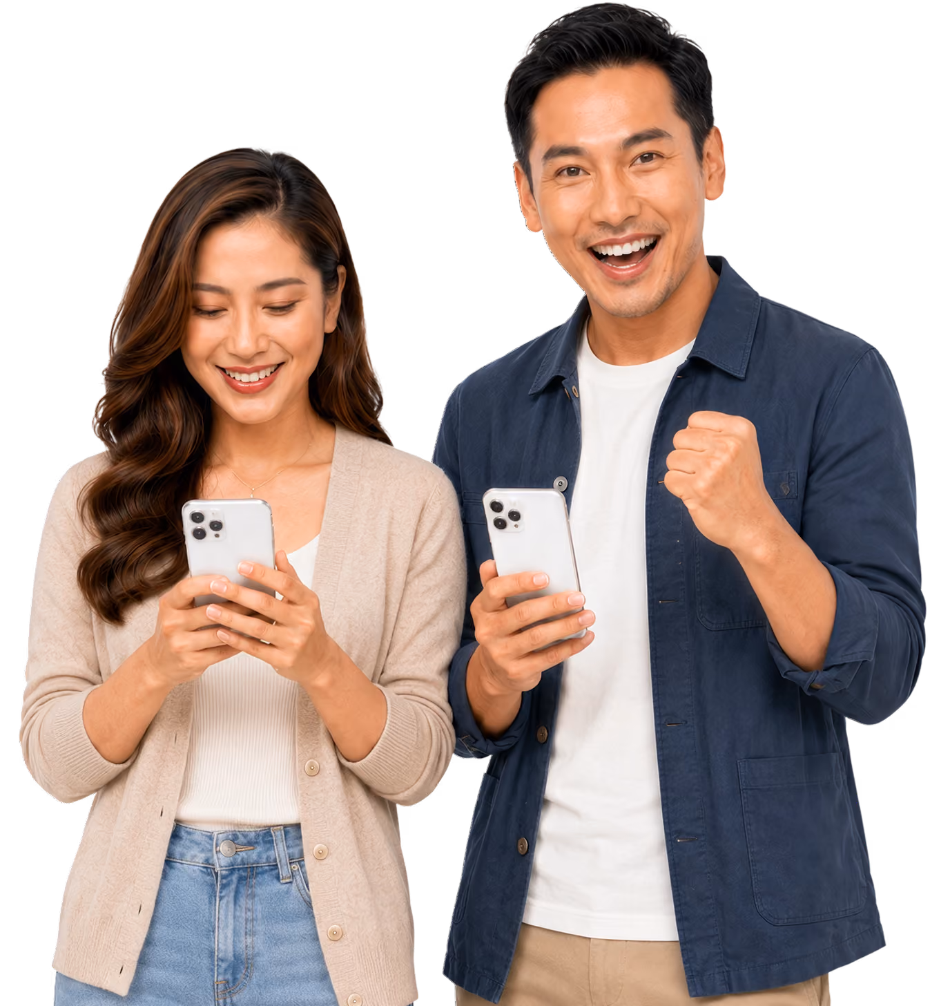 Smiling man and woman holding smartphones; man shows a fist pump of excitement.