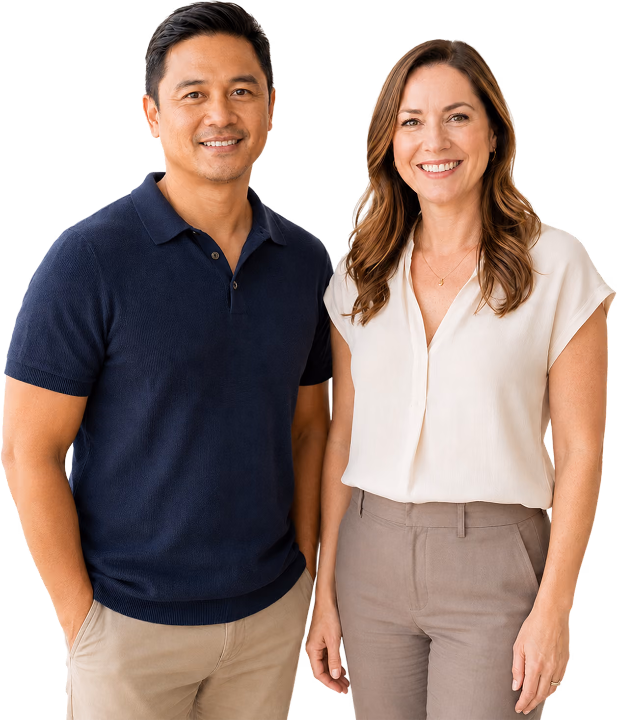 Smiling man and woman standing close, both wearing beige and white casual clothing.